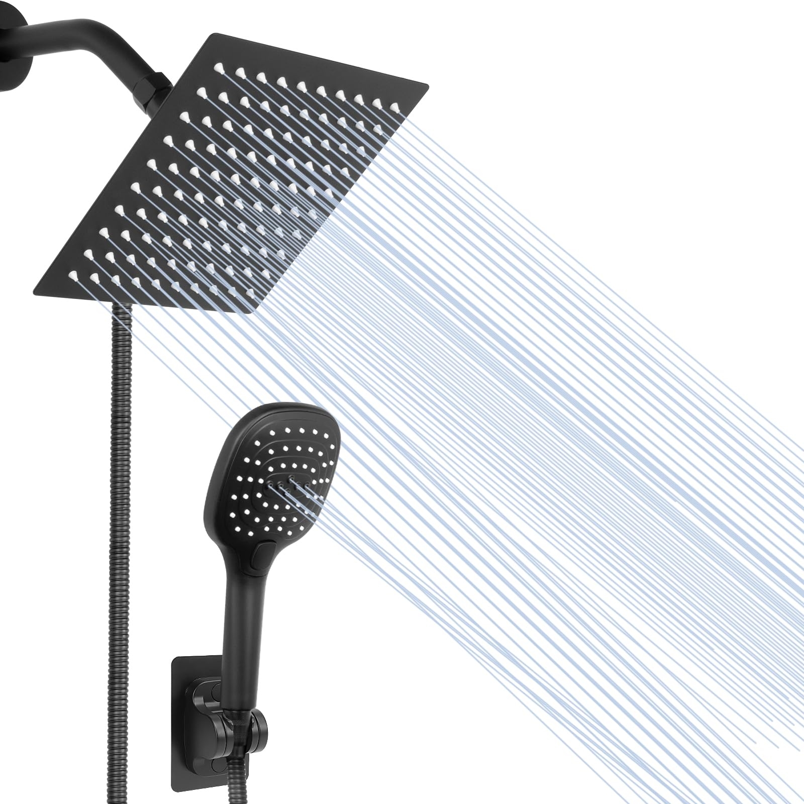 NearMoon Shower Head with Hose, High Pressure Stainless Steel Rain Shower and 3 Settings Handheld Spray Combo with Push Button Flow Control (8 Inch Showerhead Set, Matte Black)