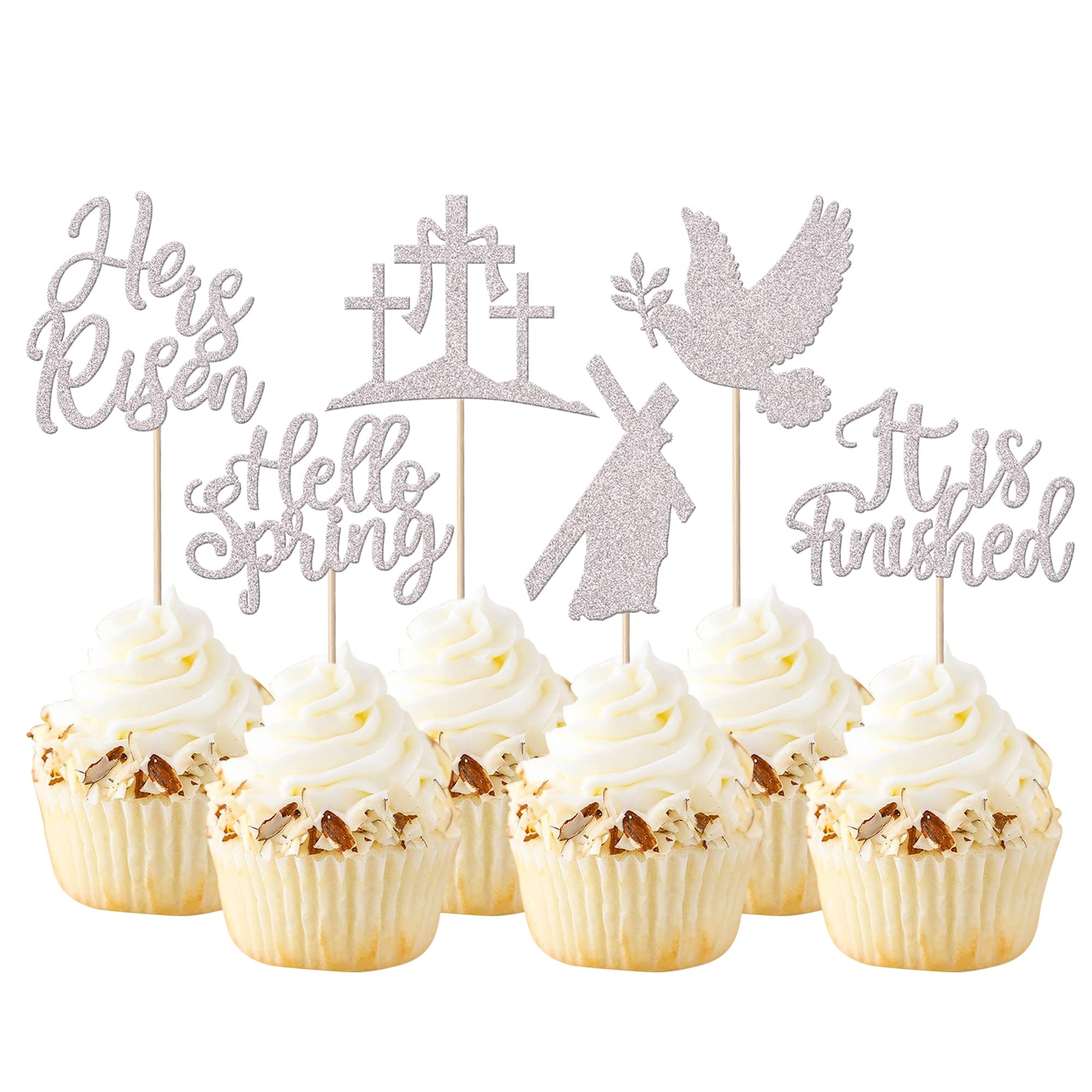 24 Pack Cross Cupcake Toppers Glitter It is Finished Peace Pigeon Cupcake Picks Hello Spring Cake Decorations for Christianity Theme Birthday Party Supplies Silver