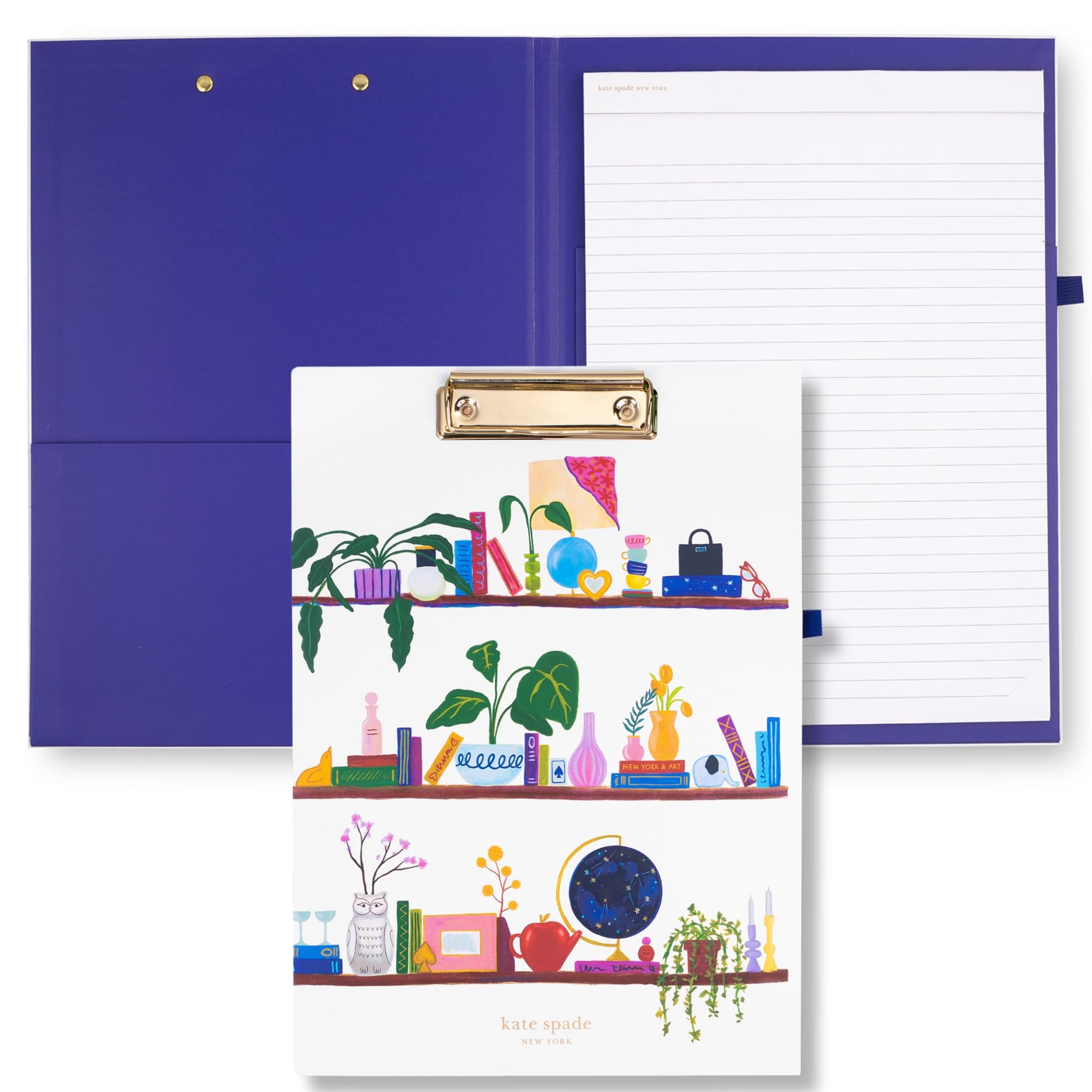 kate spade new york A4 Clipboard Folio with Low Profile Clip, Professional Padfolio Includes Lined Notepad, Pen Loop, and Pocket, Charmed Library