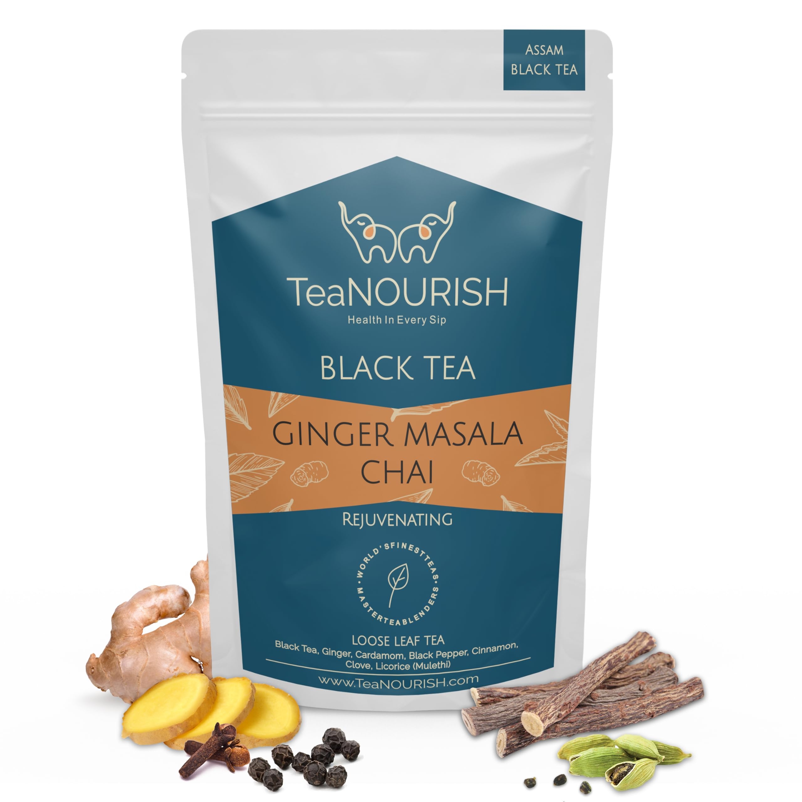 TeaNOURISH Ginger Masala Chai Tea | Assam CTC Loose Black Tea | Blended with Authentic Indian Spices | Indian Ginger Tea | 100% NATURAL INGREDIENTS - 3.53oz/100g