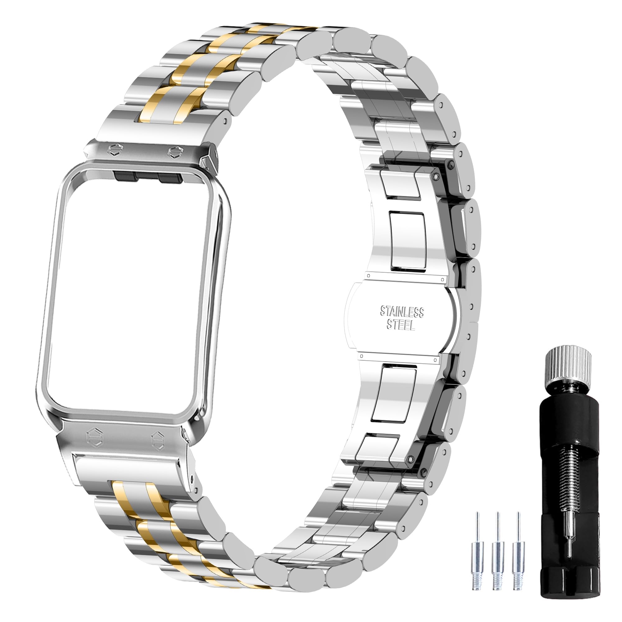 Gheper Metal Watchband Compatible with Samsung Galaxy Fit3[2024] SM-R390 Smartwatch Accessory 316L Stainless Steel Protective Frame Case Design Replacement Wrist Strap Bracelet for Women Men