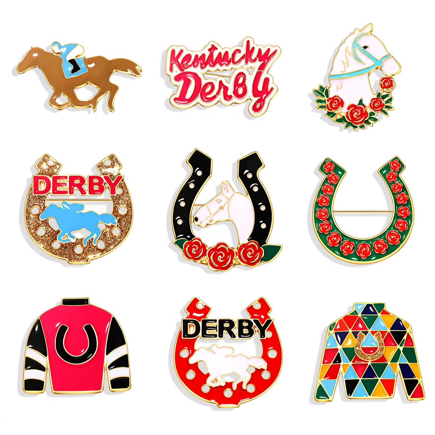 Kentucky Derby Brooches for Women Enamel Horseshoe Riding Suit Brooch Pins Rose Horse Race Day Brooches Kentucky Derby Outfits Accessories Jewelry Gifts