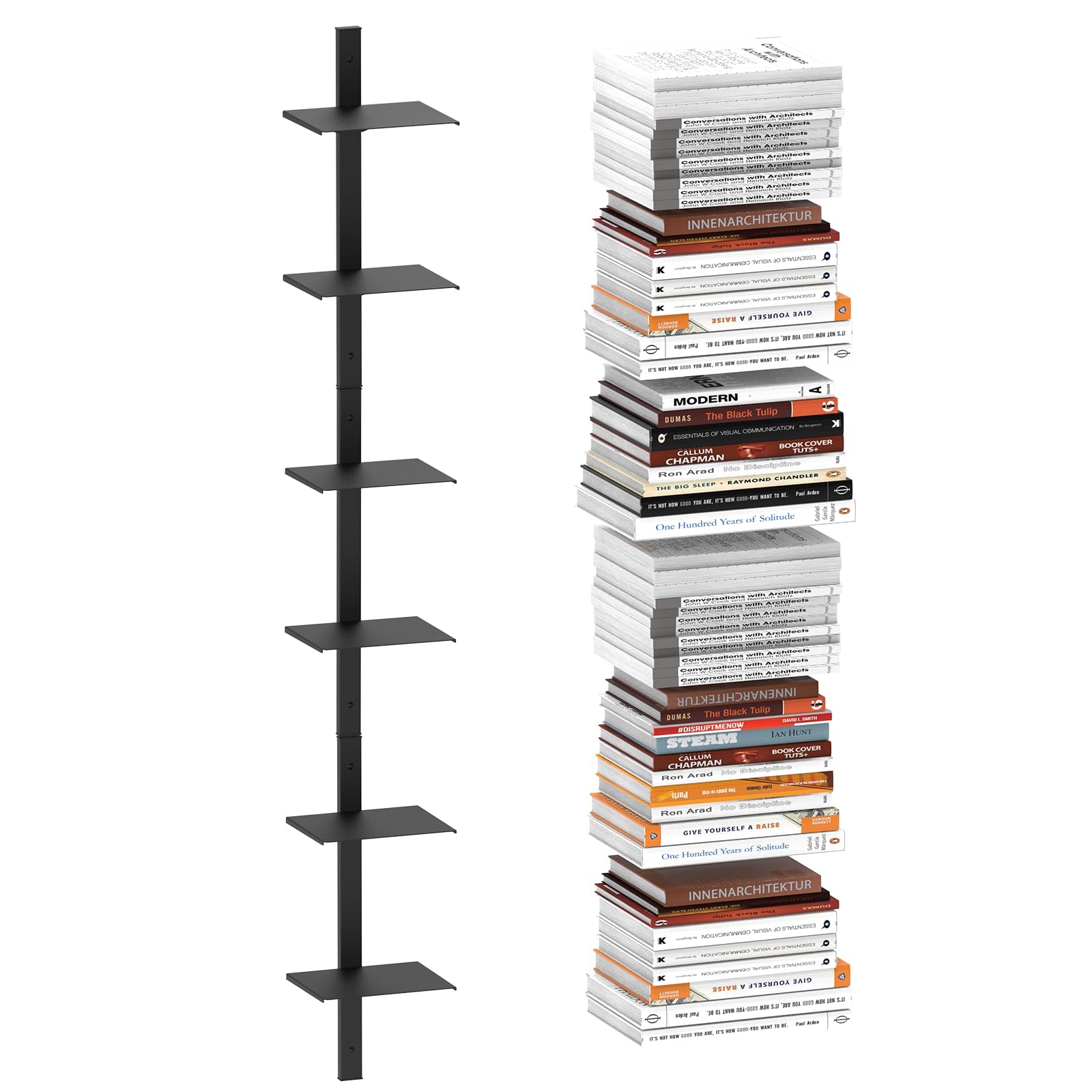 MQKIWAO Invisible Floating Bookshelf for Wall Mounted, 3 Pack Black Spine Book Tower, 6 Tier Vertical Book Organizers, Heavy Duty Metal Bookshelf for Home, Office, Bedroom, Kids Room
