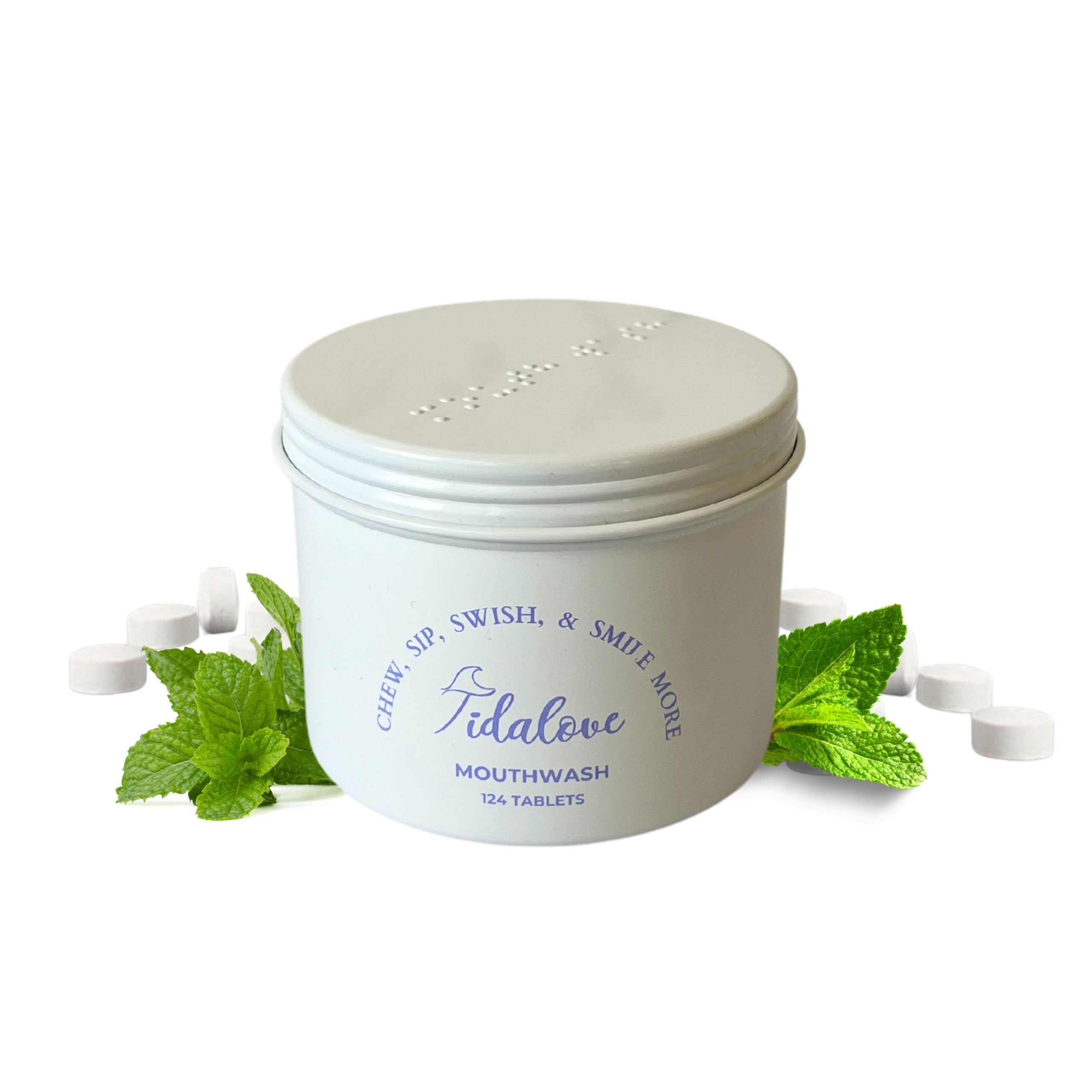 Tidalove Mouthwash Tablets - Alcohol-Free, Eco-Friendly, Travel-Friendly, with Nano-HA & Green Tea for Fresh Breath and Enamel Protection - 124 Tablets (Tin)
