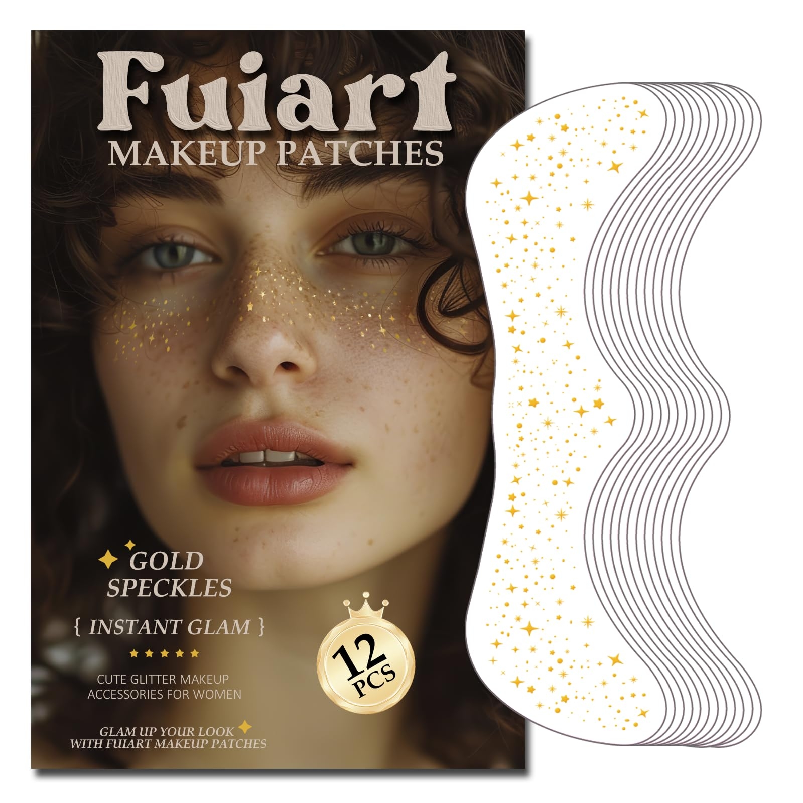 Gold Freckle Patches - 12 Count Cosmetic Speckles - Self-Adhesive Face Decor, Cute Glitter Makeup Accessories for Women, Glam Up Your Look with Makelip Patches