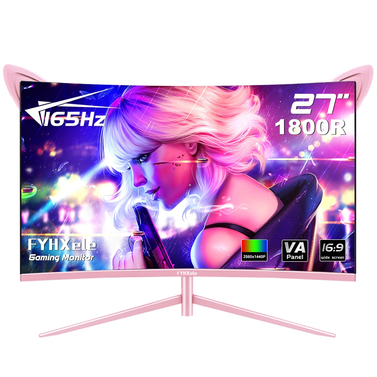 FYHXele FY27QHP Pink Monitor 27 Inch Curved Gaming 165Hz - Support 144Hz 1800R 1ms QHD 2560 x 1440P VA Screen, Built-in Speakers, AMD Free-Sync, HDMI, DP, USB, AUX, Tilt Adjustable