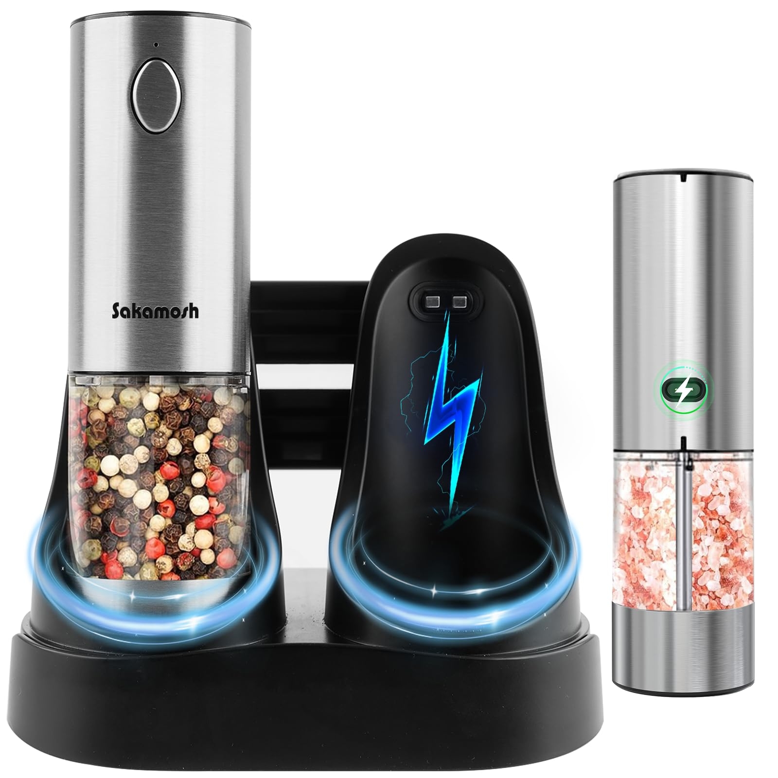 Electric Salt and Pepper Grinder Set, Rechargeable with Charging Base,Adjustable Coarseness with LED Light, Stainless Steel Automatic Pepper and Salt Mill Refillable(2 Packs)