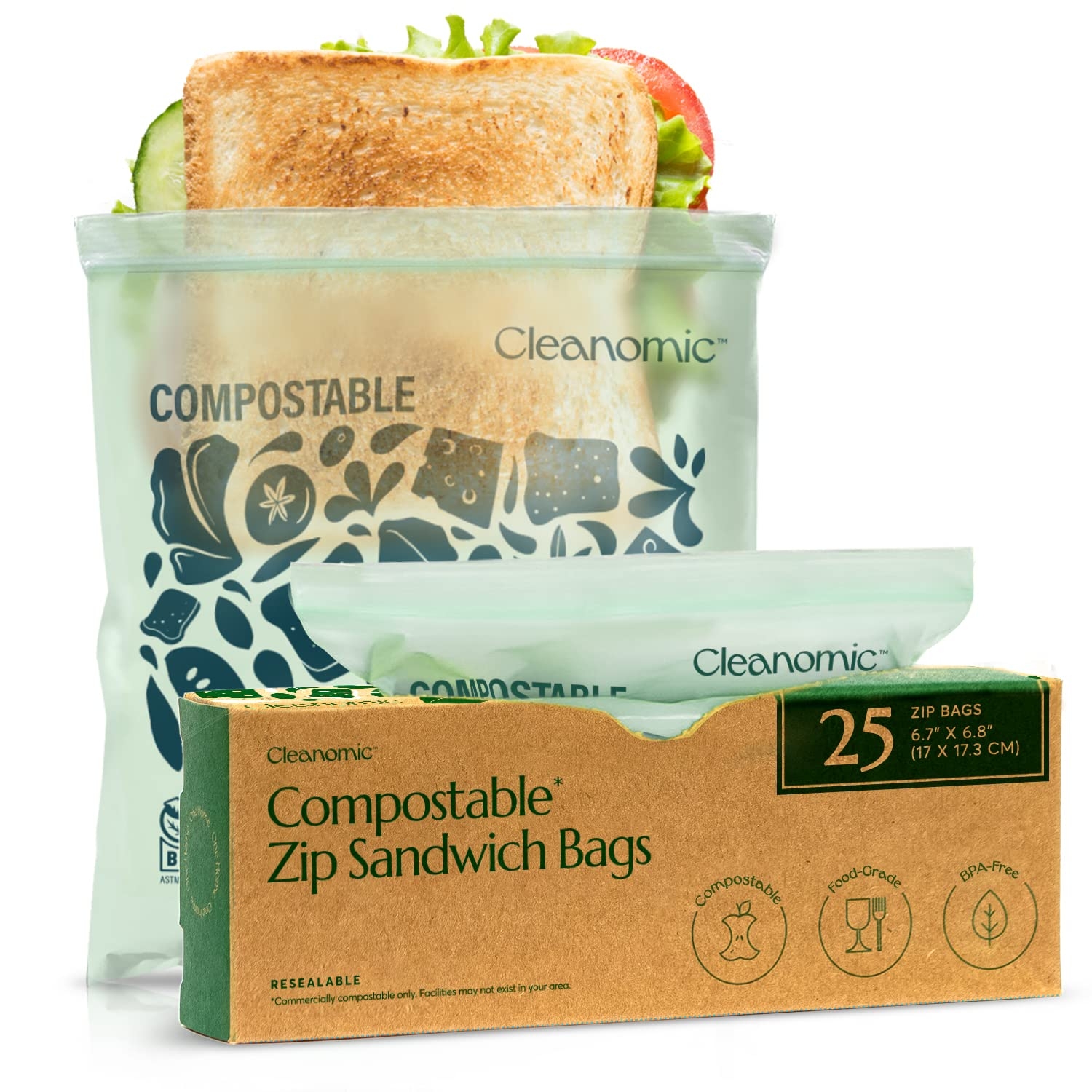 Cleanomic Compostable* Sandwich Size Food Storage Bags (25 Eco Zip) Freezer and Leak Proof, Also Available Gallon, Quart and Snack Size Bags