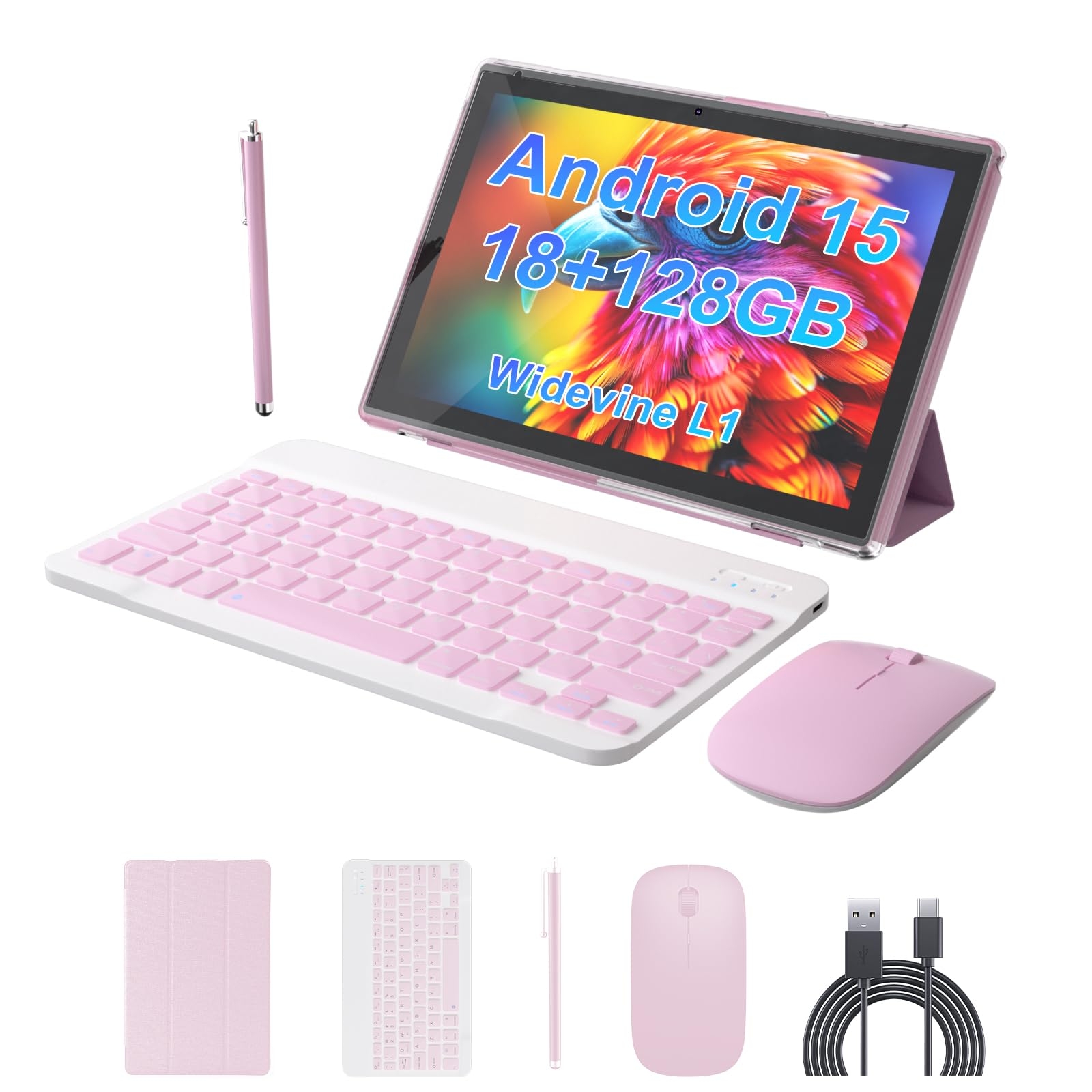 Android 15 Tablet 10 inch Tablet 2 IN 1Tablets with Keyboard Mouse Case Stylus 18GB RAM 128GB ROM 2TB Expand, Android 15(NOT GO) 10.1" IPS 6000mAh Battery Bluetooth Dual Camera 5G-WiFi Wifi6 Tablets.