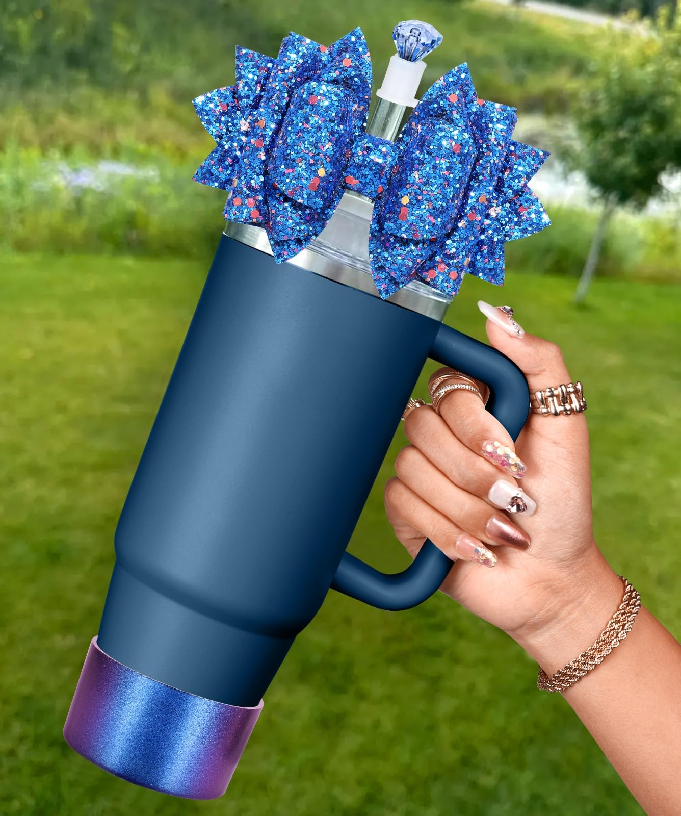 Toykee Bow Straw Topper with Cup Bootfor Stanley 40 30 oz - Bling Bow and Diamond Cover Caps with Bottom Protector 3 PCS Sets for Tumbler Accessories