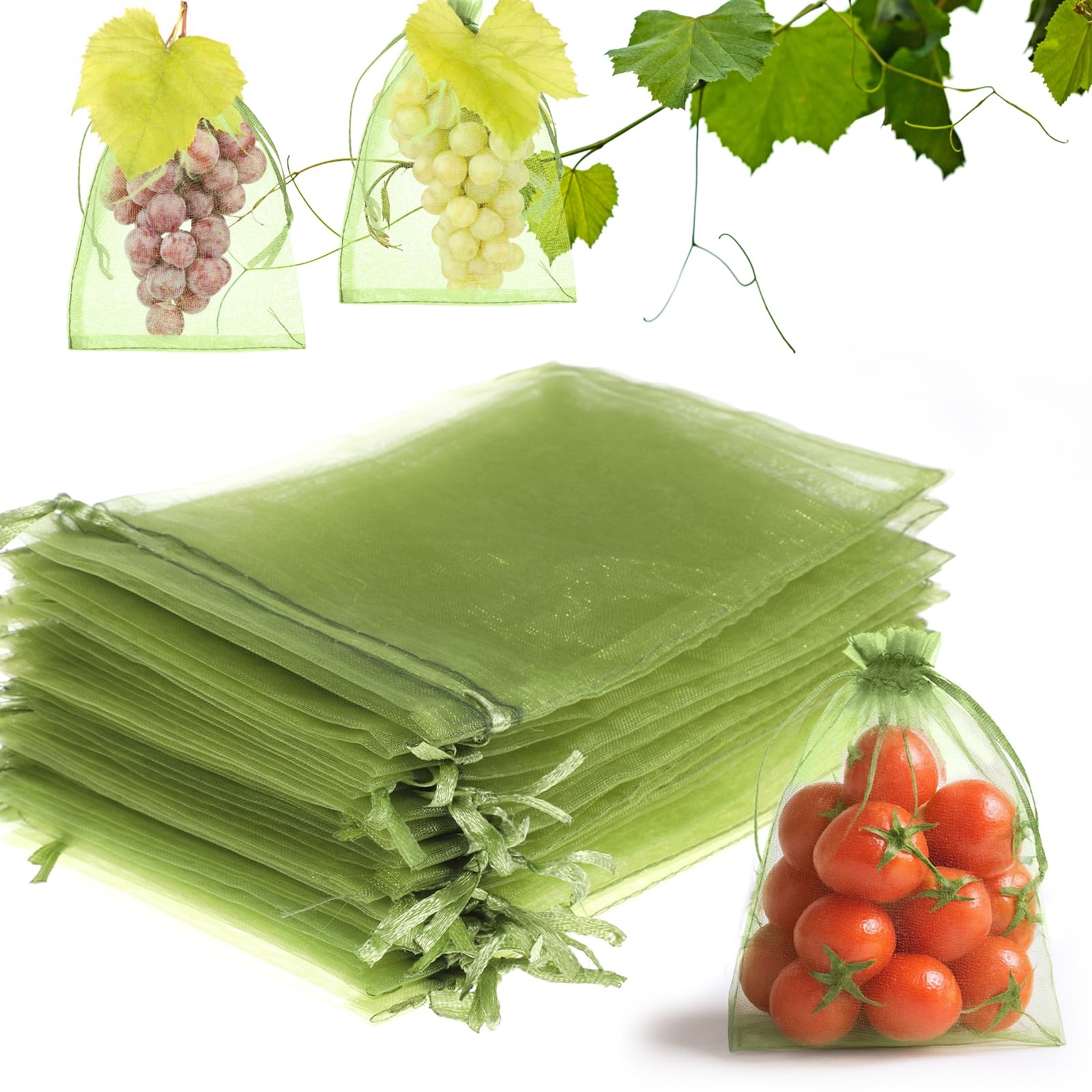 100 PCS Green Fruit Protection Bags, 4 × 6 Inch Small Drawstring Mesh Bags, Reusable Netting Fruit Protection Bags for Fruit Trees, Green Bag for Fruits Vegetables Plant