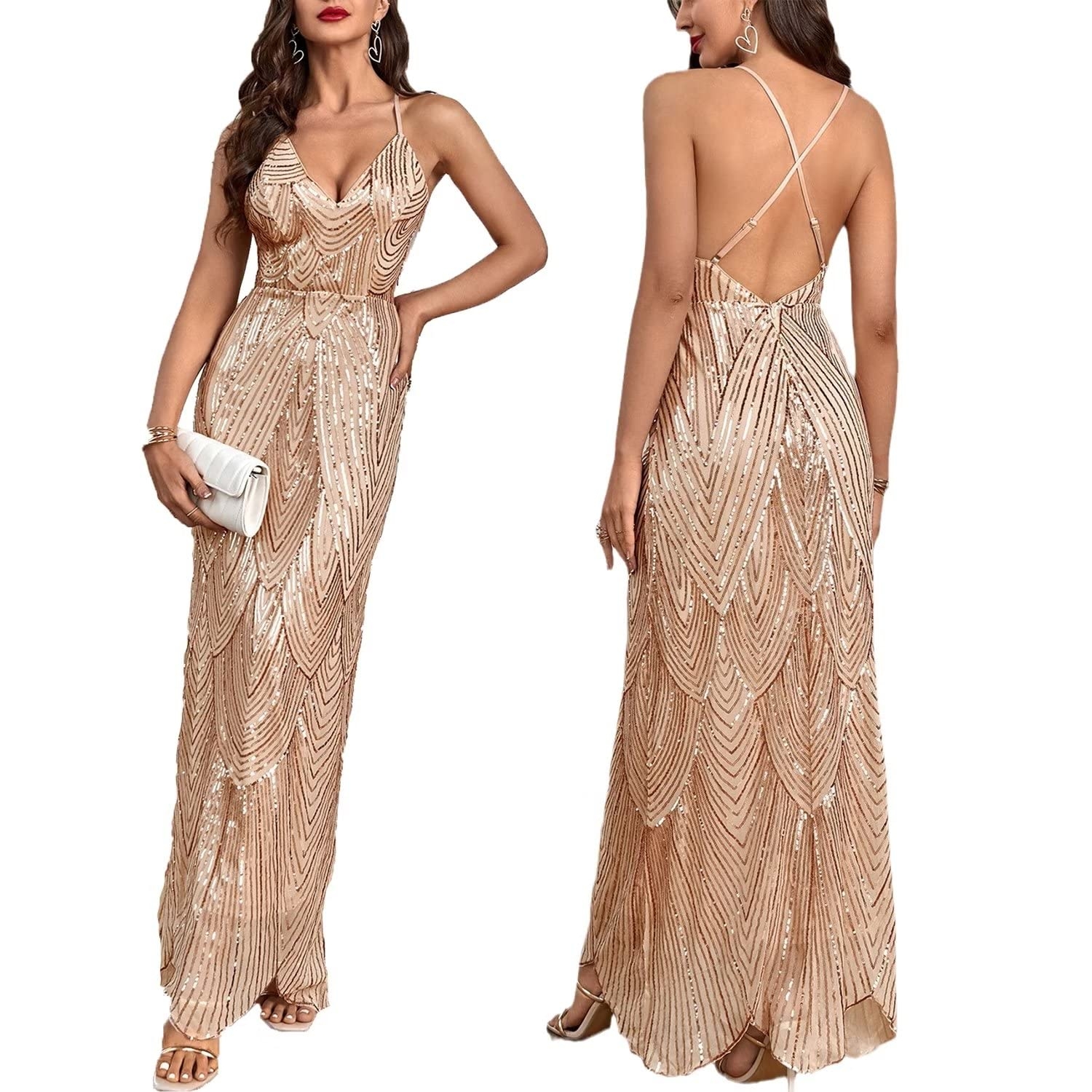 Women's V Neck Spaghetti Straps Sequin Sparkly Glitter Irregular Hem Prom Dress Bcakless Maxi Evening Gowns
