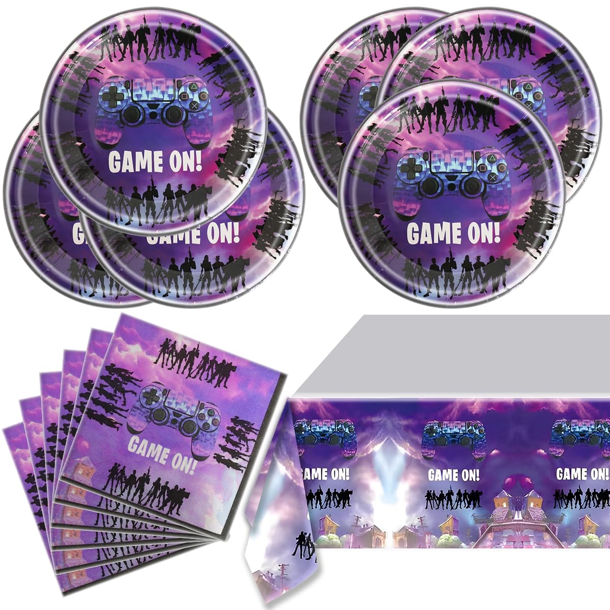 Video Game Party Supplies 20pcs Plates 20pcs Napkins and Tablecover Tableware Set for Purple Games Theme Birthday Party Serve 20