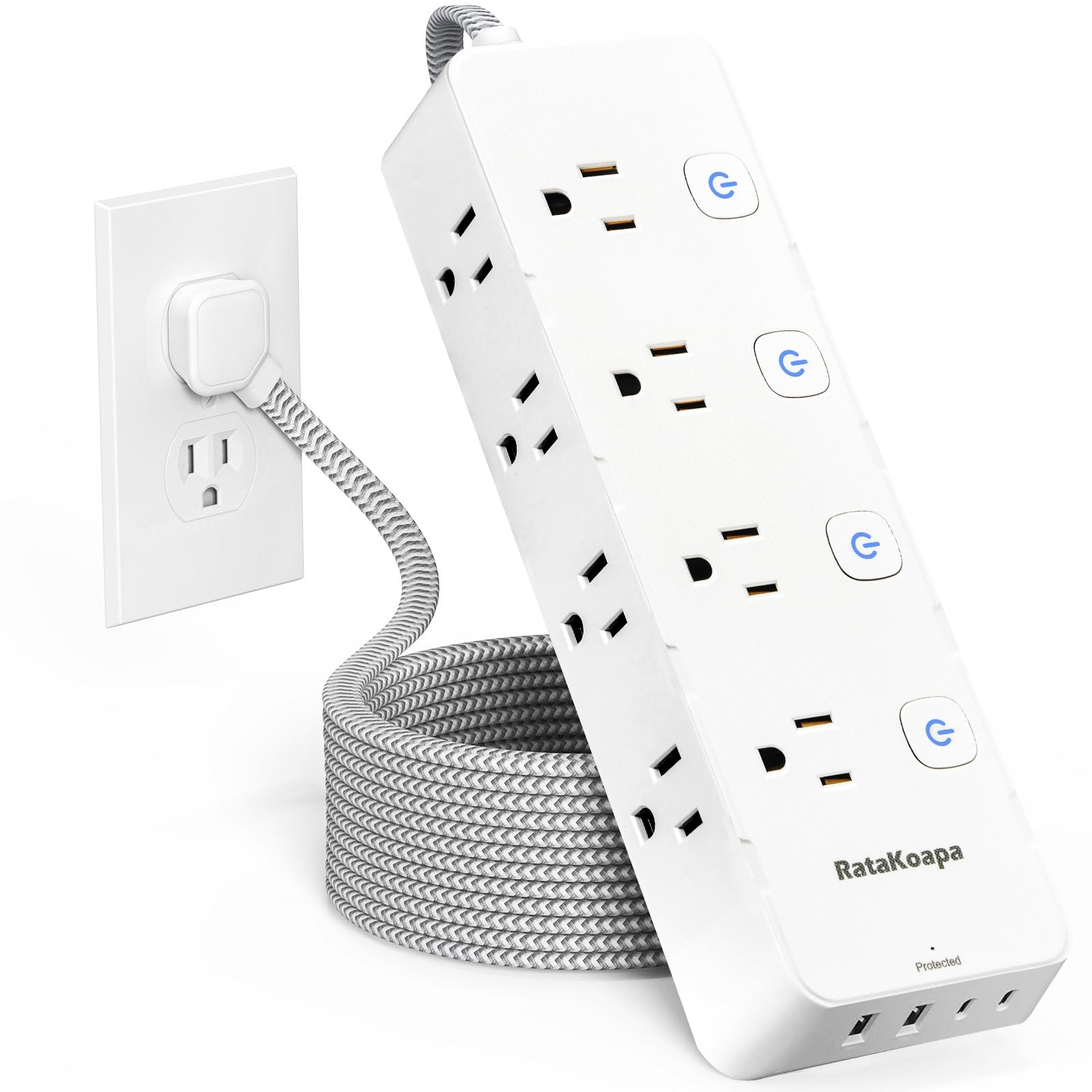 10 Ft Surge Protector Power Strip - 8 Widely AC Outlet 4 USB Ports(2 USB C), Flat Plug Extension Cord with Multiple Outlets, Individual Switches, Desk Extender for Dorm, Home, Office Essentials, 1400J