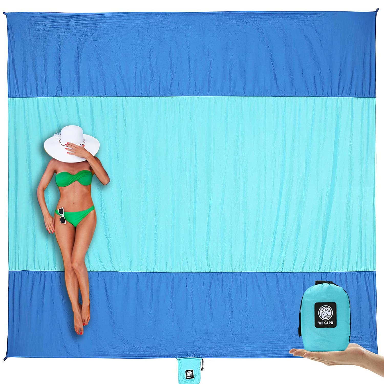 WEKAPO Beach Blanket Sandproof Waterproof, Extra Large Beach Mat, Oversized & Compact Sand Free Mat Quick Drying, Lightweight & Durable with 6 Stakes & 4 Corner Pockets