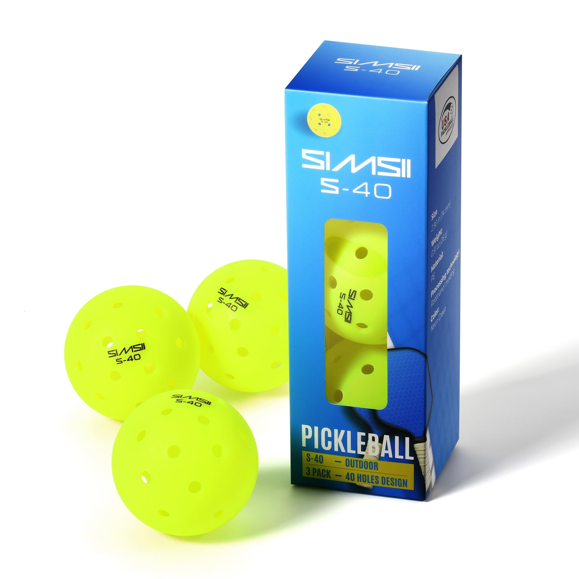 SIMSII S-40 Outdoor Pickleball Balls - 40 Holes, Approved by The USAPA - Durable PE Material, Seamless Construction, Tournament Grade, 3/12/40/100 Pack - Pickleballs