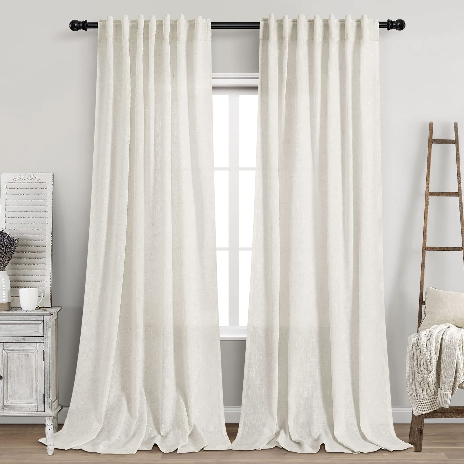 Cream Linen Curtains 102 inches Long 2 Panels Set for Living Room Extra Long Back Tab Curtains Neutral Farmhouse Light Filtering Semi Sheer Linen Drapes Ceiling to Floor for Large Window Ivory