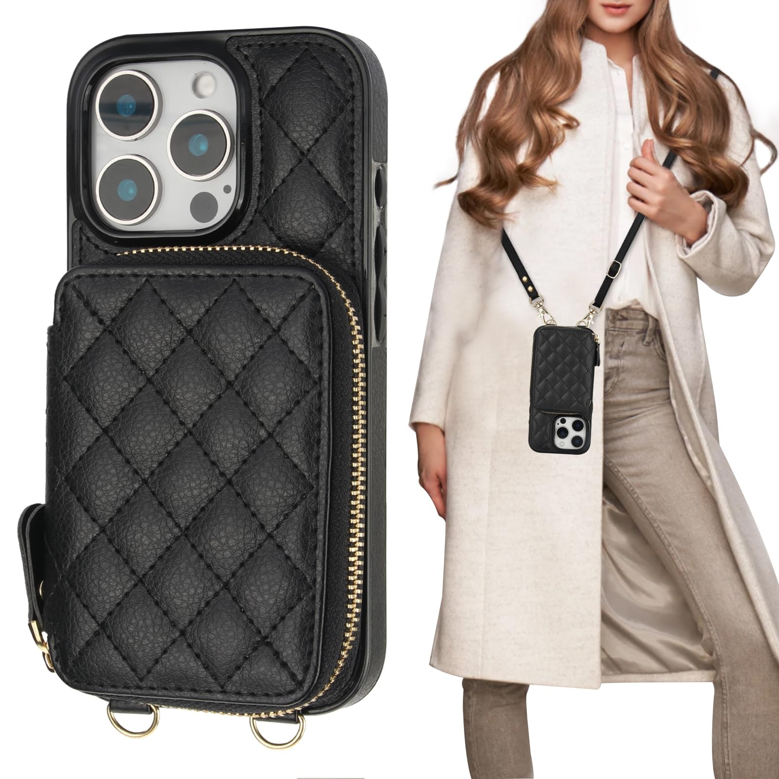 Bocasal Crossbody Wallet Case for iPhone 16 Pro, RFID Blocking PU Leather Zipper Handbag Purse Flip Cover, Kickstand Folio Case with Card Slots Holder Wrist Strap Lanyard 5G 6.3 Inch (Black)