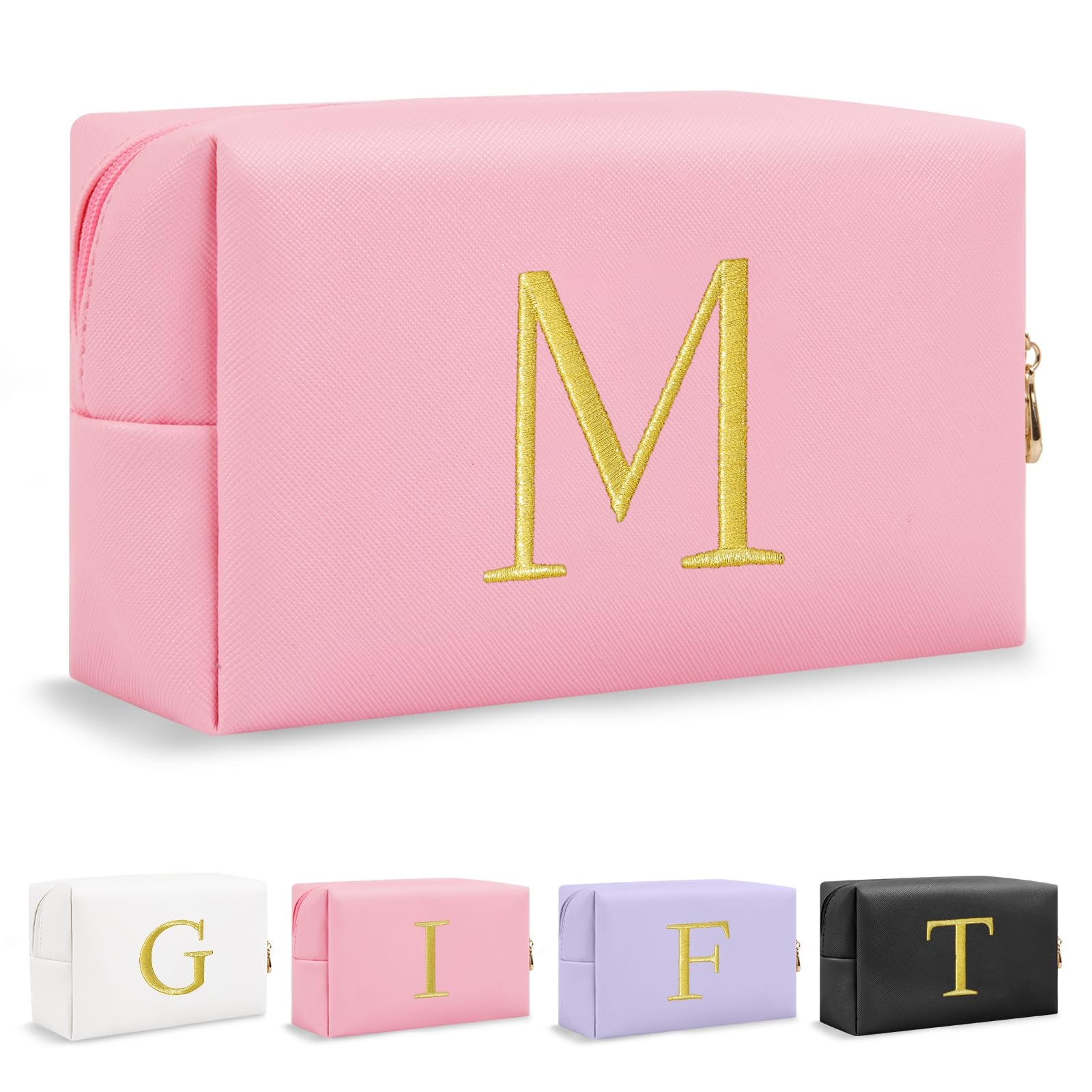 Personalized Gift Initial Makeup Bag,Preppy Gold Embroidered Letter Cosmetic Bag Stocking Stuffers for Teen Girls,Small Travel Toiletry Bag,Custom Christmas Birthday Gift for Women Mom Kids(Pink-M)