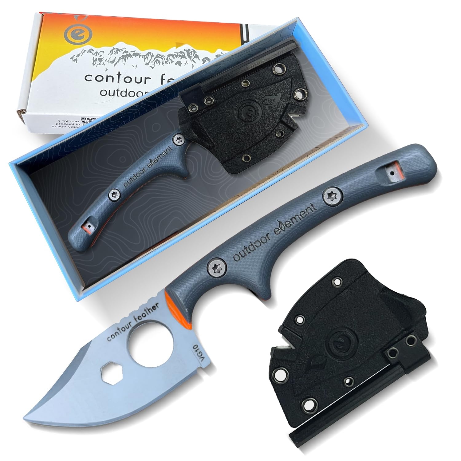 OUTDOOR ELEMENT Contour Feather Adventure Survival Knife - Fixed Blade, Hunting, Camping Knife with Fire Starter, Sharpener, Whistle, Hex Driver, Sheath - Full Tang, VG10 Steel, Belt Clip