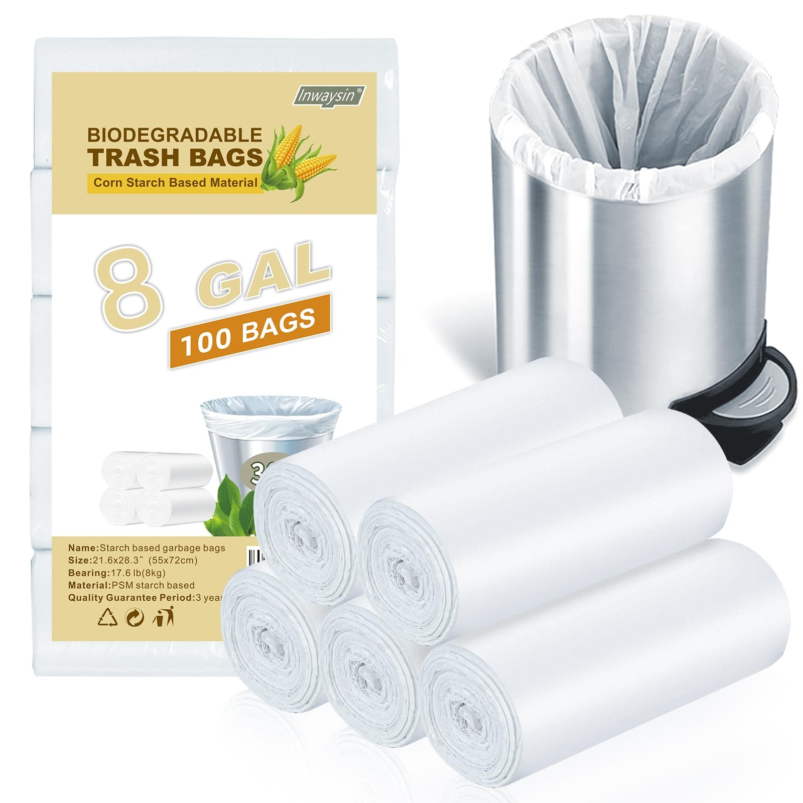 Medium Trash Bags 8-Gallon Compostable-Garbage-Bag - 100 Counts Clear White Tall Kitchen Unscented Biodegradable Thick Strong Compactor Waste Basket Liners for Bathroom Restroom Inwaysin
