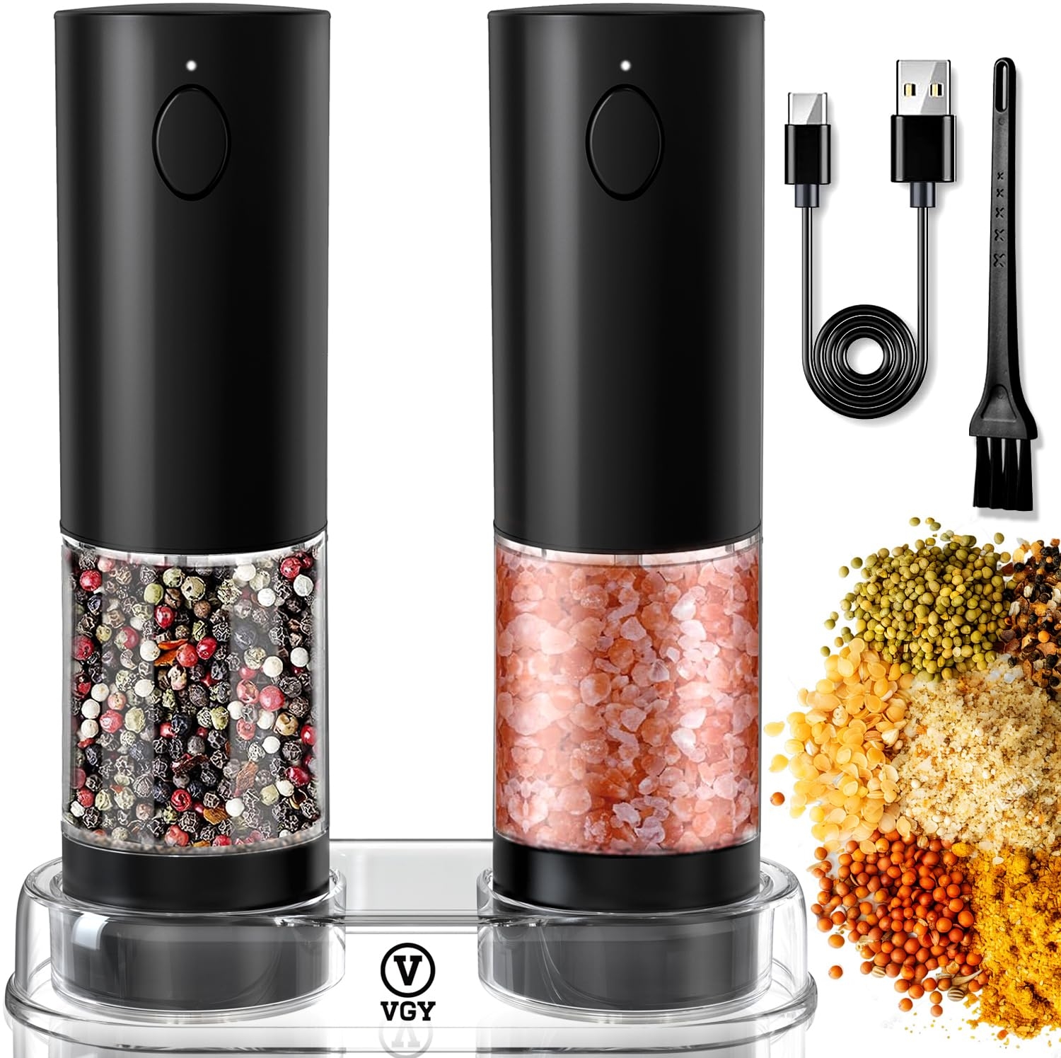 VGY Electric Salt and Pepper Grinder Set Rechargeable, 2 Pack Automatic One-Handed Operation Pepper Mills, 5 Adjustable Coarseness Levels, LED Light, Washable 95ml-Container, USB Charging