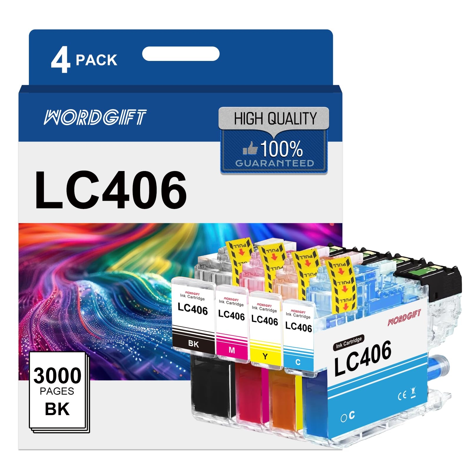 WORDGIFT LC406 Ink Cartridges Compatible Replacement for Brother LC406 Ink cartridges for Brother Printer MFC-J4335DW MFC-J6555DW MFC-J4345DW MFC-J4535DW Printer (Black, Cyan, Magenta, Yellow)