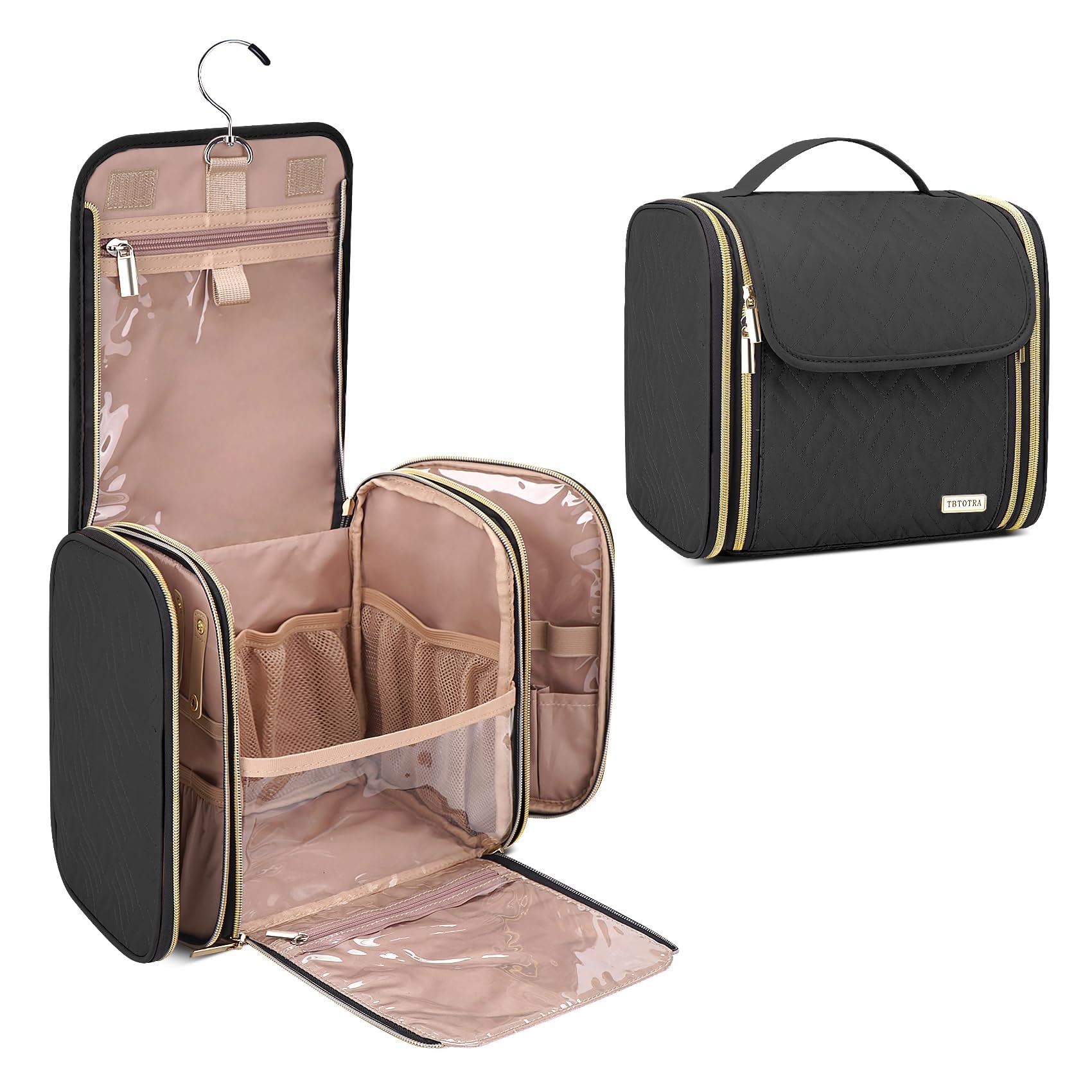 TBTOTRA Hanging Toiletry Bag & Makeup Bag for Women with Jewelry Organizer - TSA Approved Large Capacity Travel Cosmetic Organizer, Waterproof Shower Essentials Case with Transparent Pockets, Black