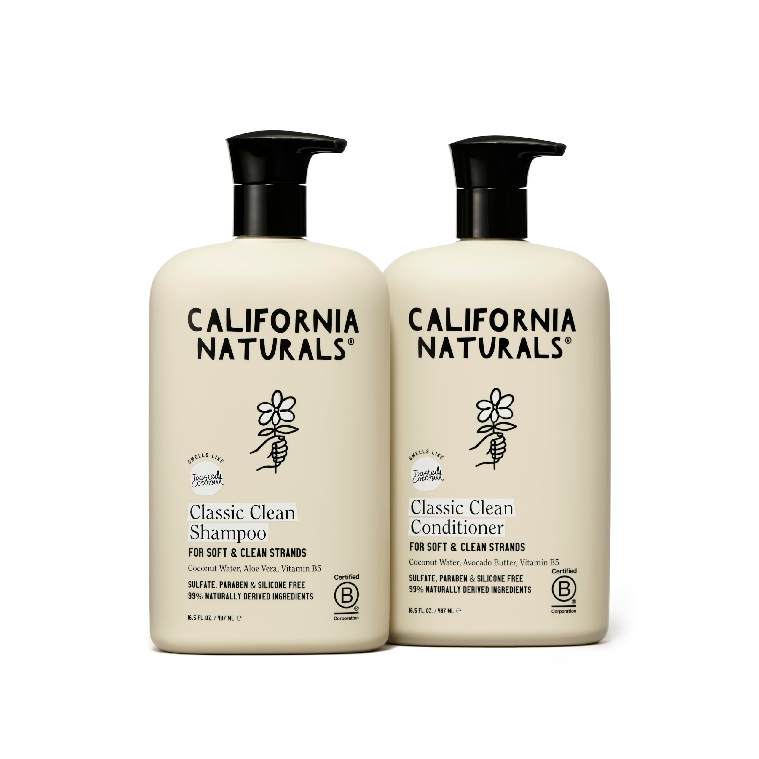 California Naturals Coconut Shampoo & Conditioner, Natural, Vegan, Cruelty, Silicone, Paraben, and Sulfate Free Shampoo, All Hair Types, 16.5 Fl Oz (Pack of 2), Classic Clean Coconut