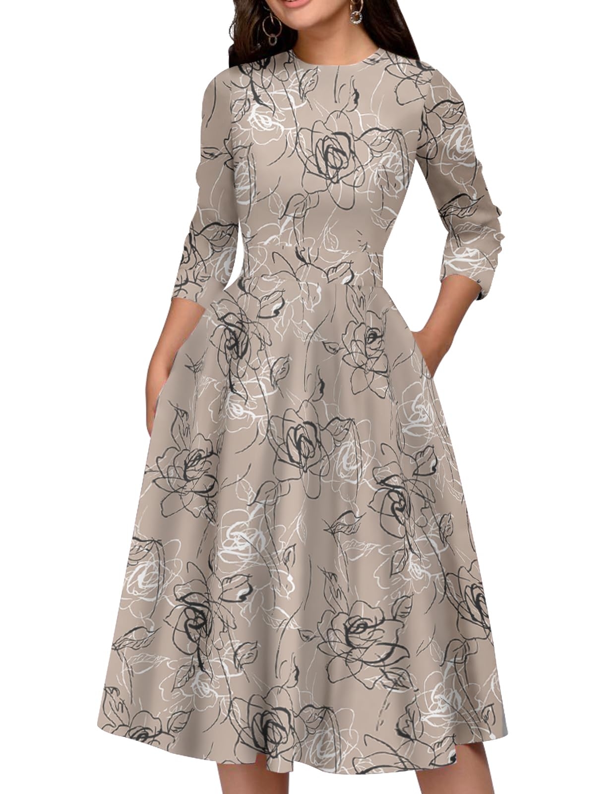 Simple Flavor Women's Floral Vintage Dress Elegant Midi Evening Dress 3/4 Sleeves