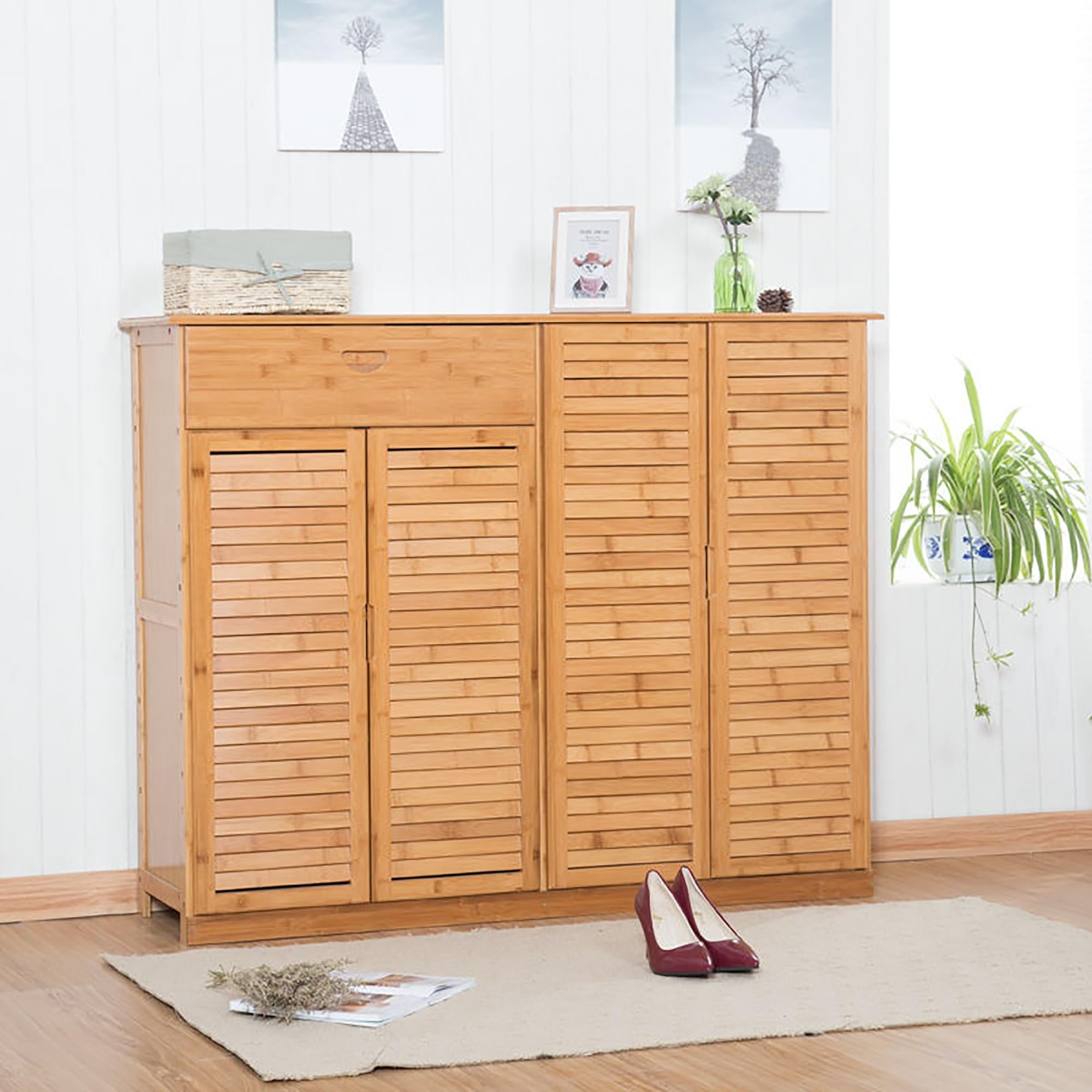 Bamboo Shoe Cabinet with Doors, Shoes Storage Organizer Shelf Stand for 26-30 Pairs, Entryway Hallway Living Room Bedroom Furniture, Beige Color (51 * 13.2 * 34.2IN)