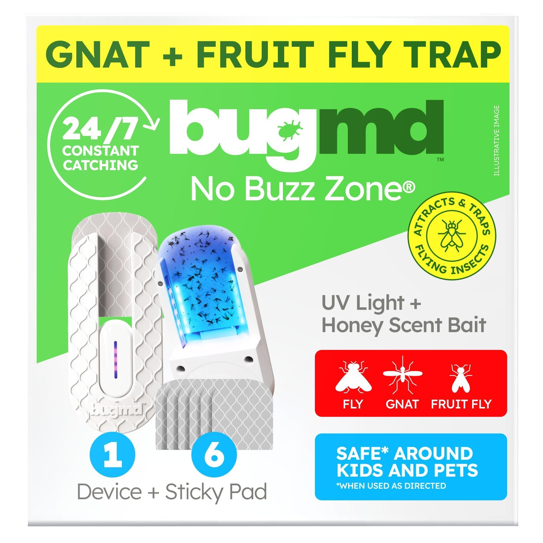 BugMD No Buzz Zone - Flying Insect Trap Catcher Indoor Fly Safer Home Fruit Traps for Gnat Moth Mosquito Bug Light Plug in Killer Refillable Uv Zapper Flea Inside and Indoors 1 Device + 6 Refill