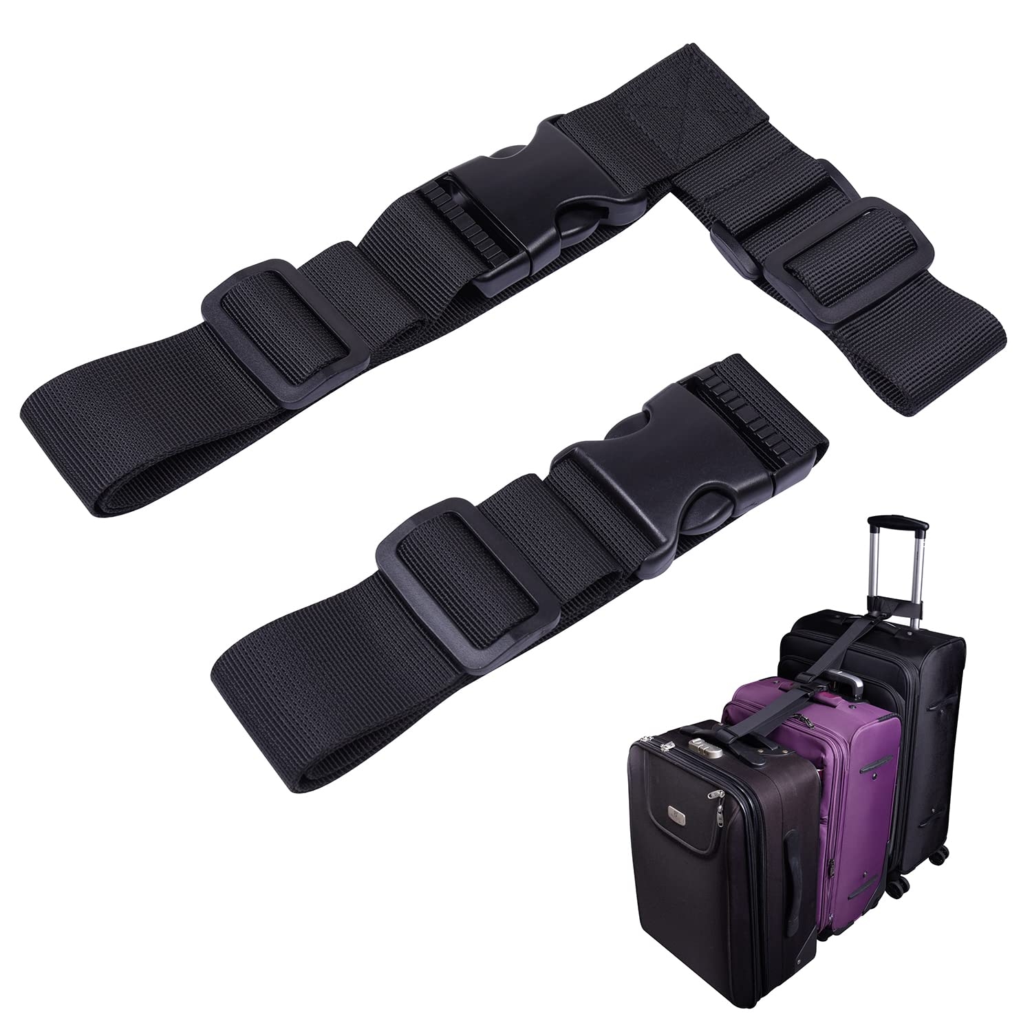 Wisdompro 2 Pcs Add a Bag Luggage Strap, Heavy Duty Adjustable Suitcase Belt Travel Attachment Travel Accessories for Connecting Your Luggage Together - Black (T-Type and Normal)