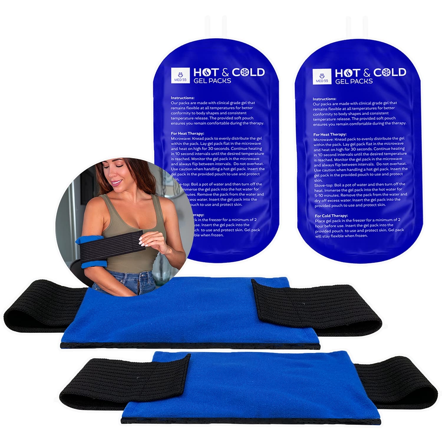 Gel Ice Pack for Injuries | Hot & Cold Compress Flexible Soft Reusable 2 Gel Packs + 2 Adjustable Wraps for Shoulder, Elbow, Back, Hip, Knee Pain Relief Therapy for Swelling & Bruising