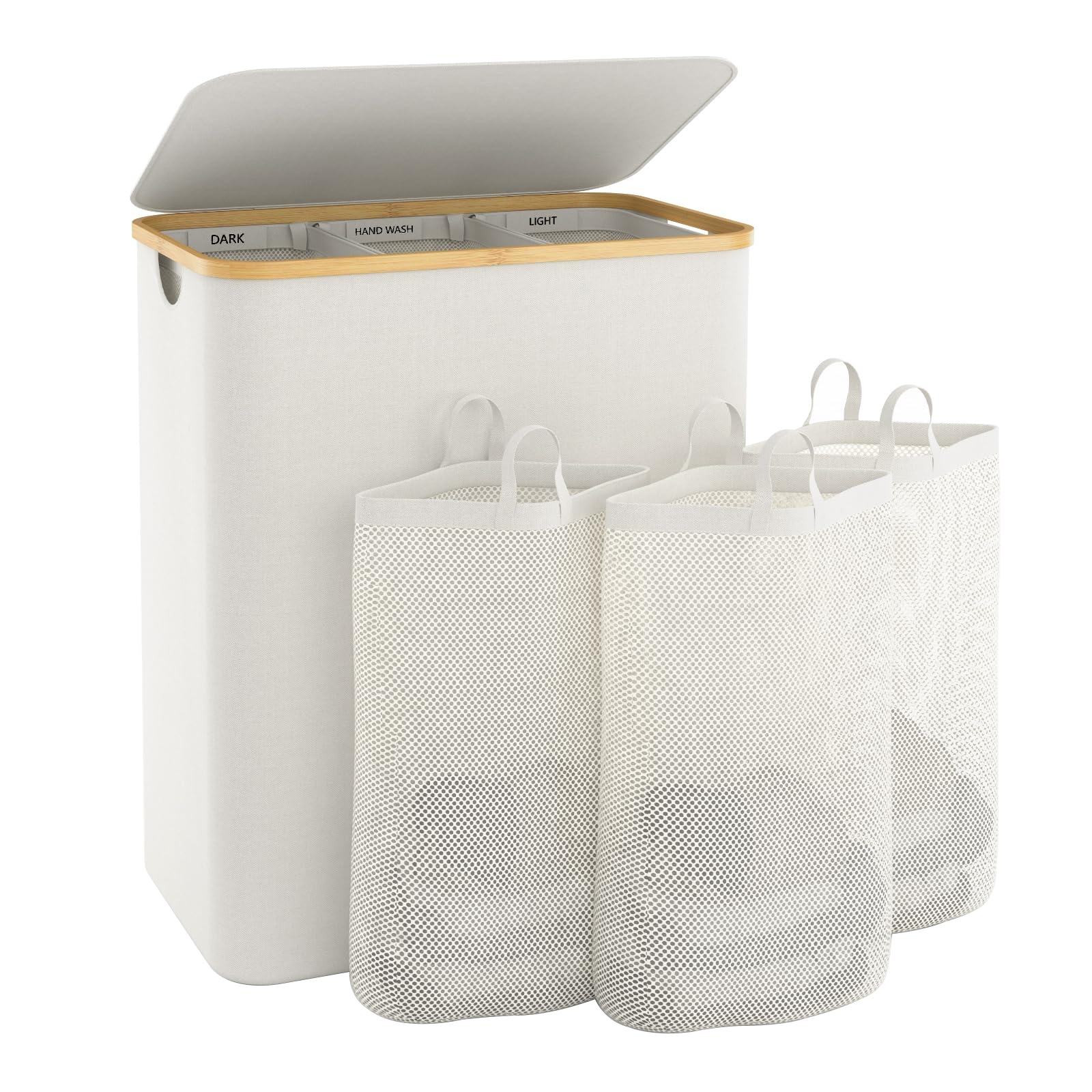 Laundry Basket with Lid, 145L Extra Large Laundry Hamper 3 Section Dirty Clothes Hampers for Laundry Divided Laundry Basket Organizer for Bedroom,Laundry Room,Dirty Clothing Hamper,Beige