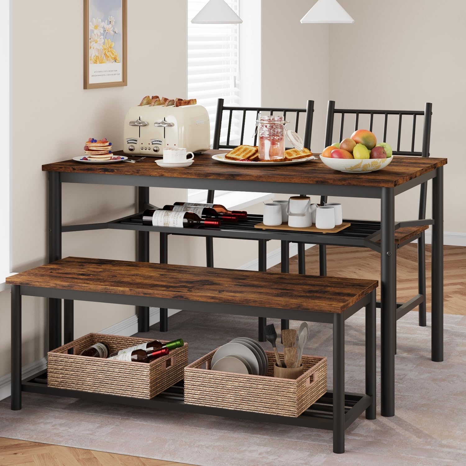 IDEALHOUSE Dining Table Set for 4, Kitchen Table and 2 Chairs with Storage Bench, 47.2" Rectangular Kitchen Table Set with Wine Rack, Dining Room Table Set for Small Space, Apartment, Rustic Brown