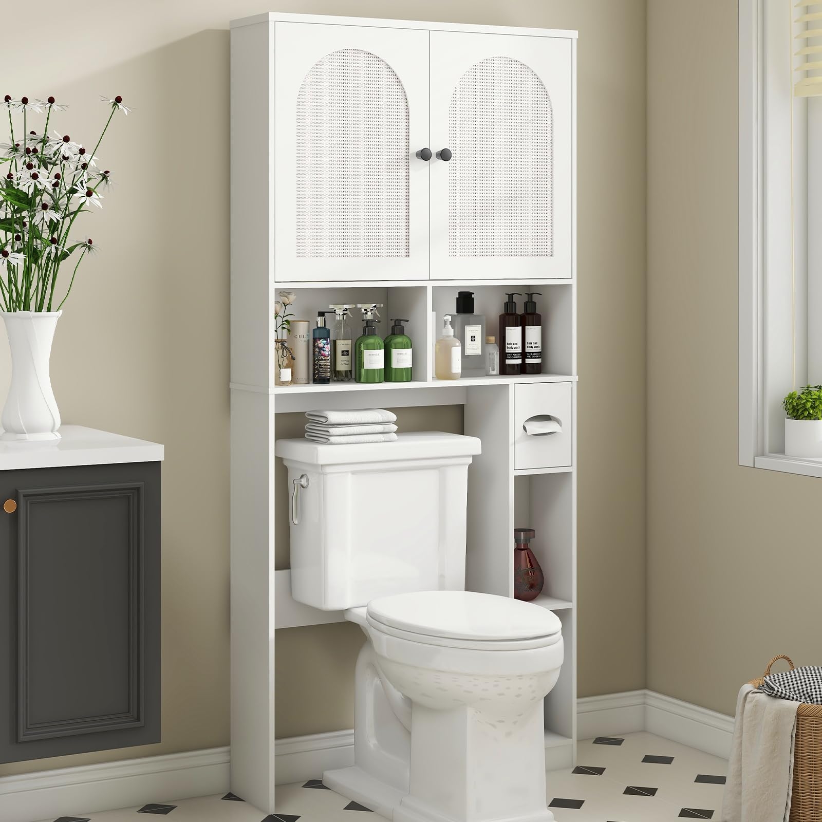 Vabches Over The Toilet Storage Cabinet, Rattan Storage Cabinet Over Toilet with 2 Doors & Toilet Paper Holder Stand, Freestanding Toilet Shelf Space Save with Anti-Tip Design Adjustable Shelf, White