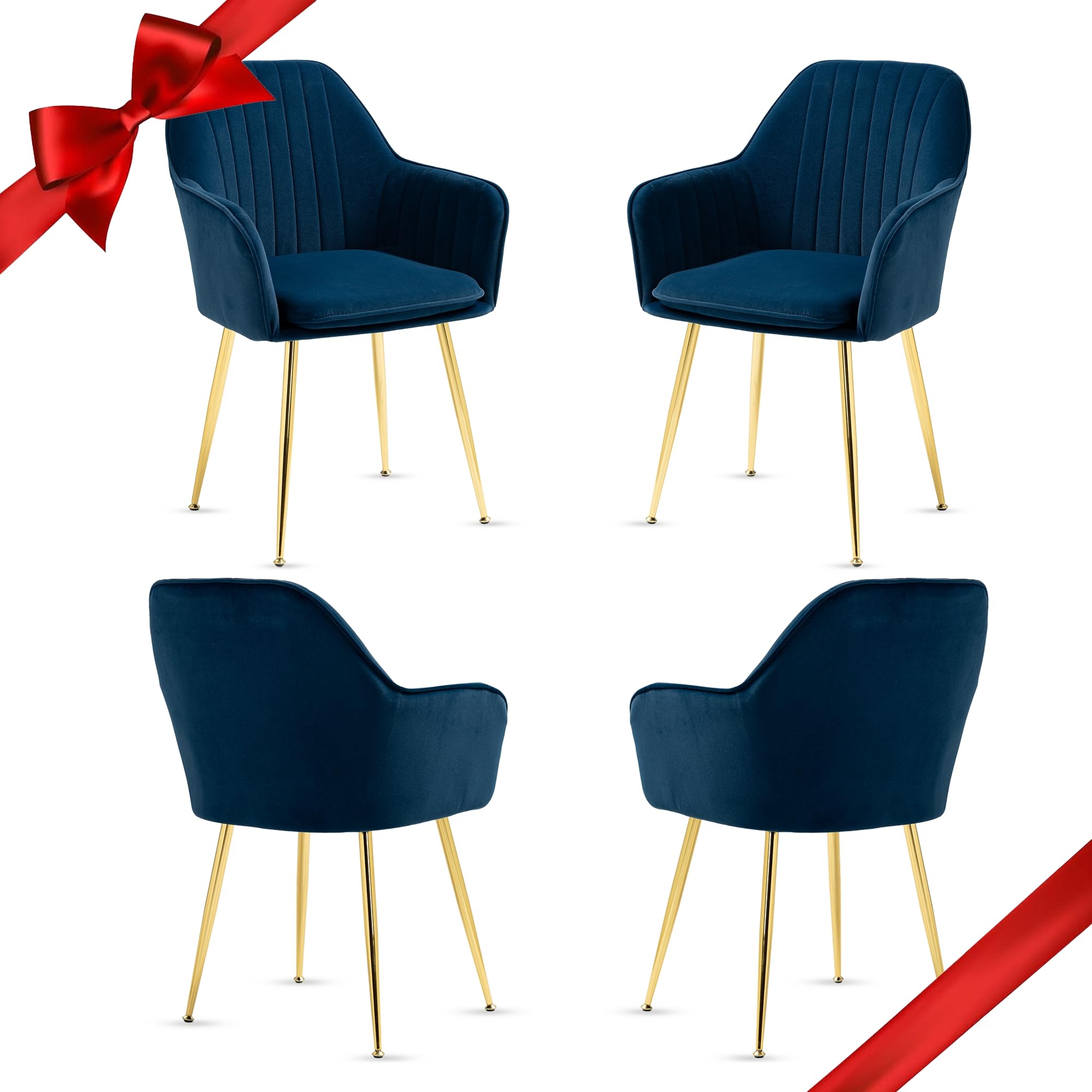 ECOTOUGE Matte Velvet Dining Chairs Set of 4, Modern Arm Chair with Golden Metal Legs, Living Room Accent Chairs for Kitchen, Blue