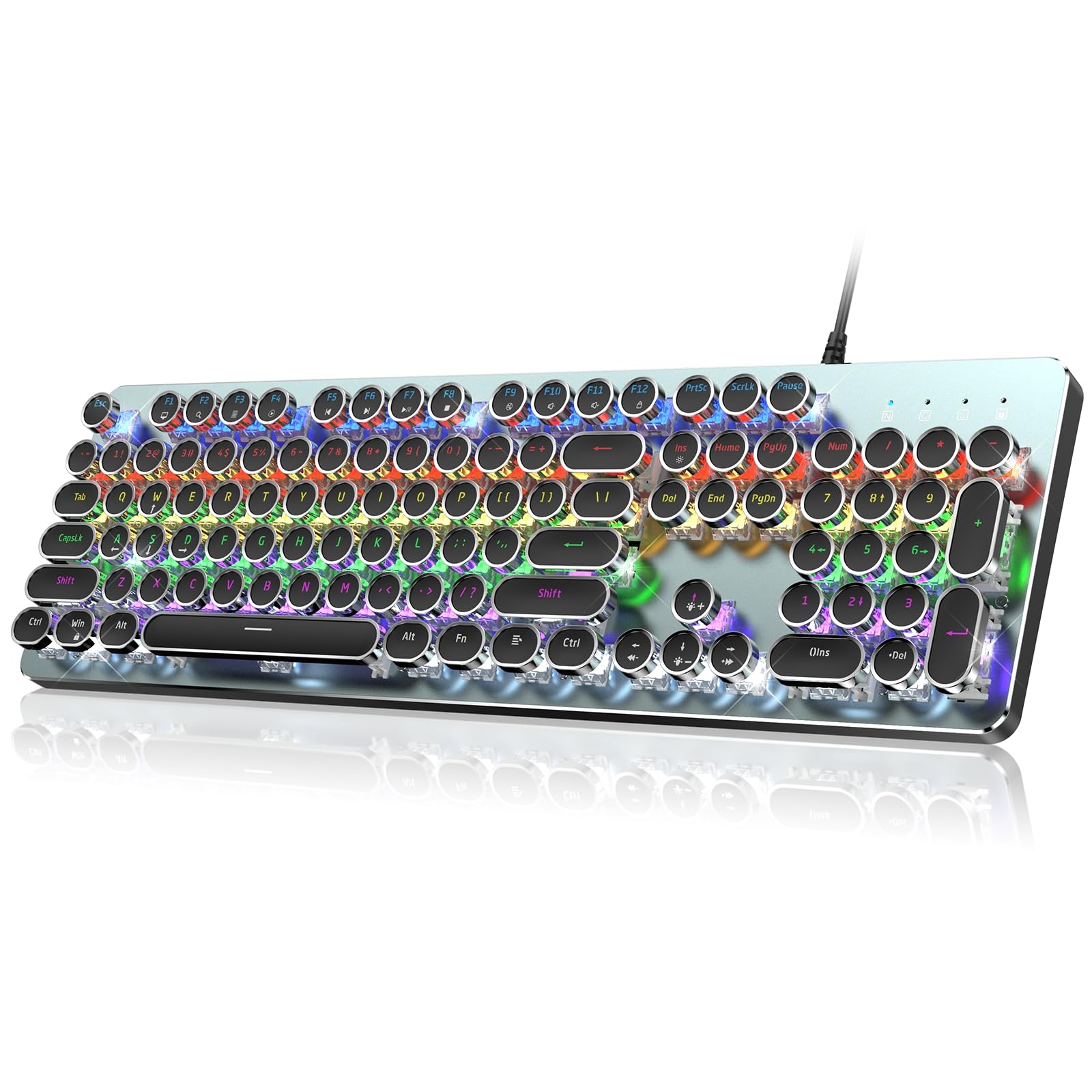 RisoPhy Typewriter Style Mechanical Gaming Keyboard, Metal Panel, Retro Punk Round Keycaps, Clicky Blue Switch, Rainbow LED Backlit, 104 Keys Wired Keyboard, Round Keycaps for PC Laptop Mac Gamer
