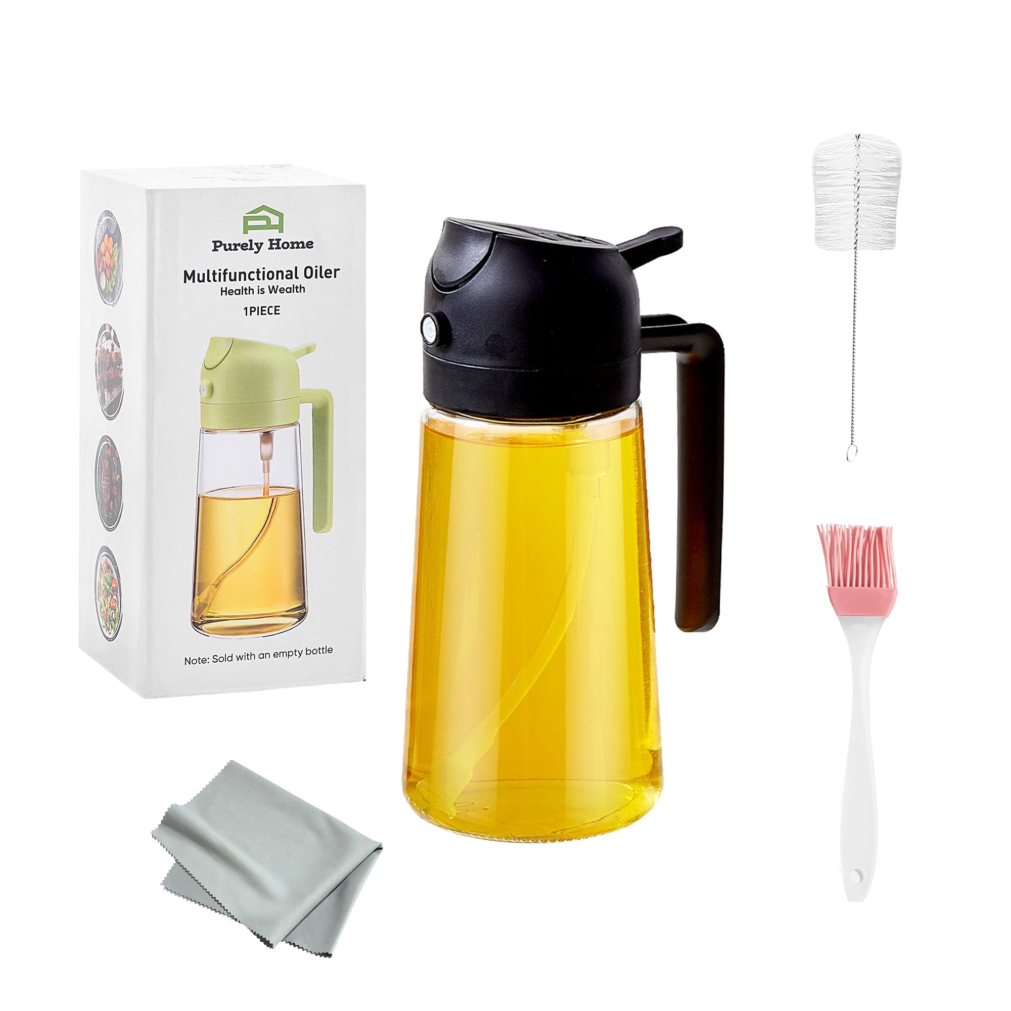 2-in-1 Olive Oil Dispenser and Oil Sprayer for Cooking | 470ml Glass Oil Bottle for Cooking, Frying, Salad and BBQ | Premium Bottle Sprayer for Air Fryer | Kitchen Gadgets with Cleaning Brush