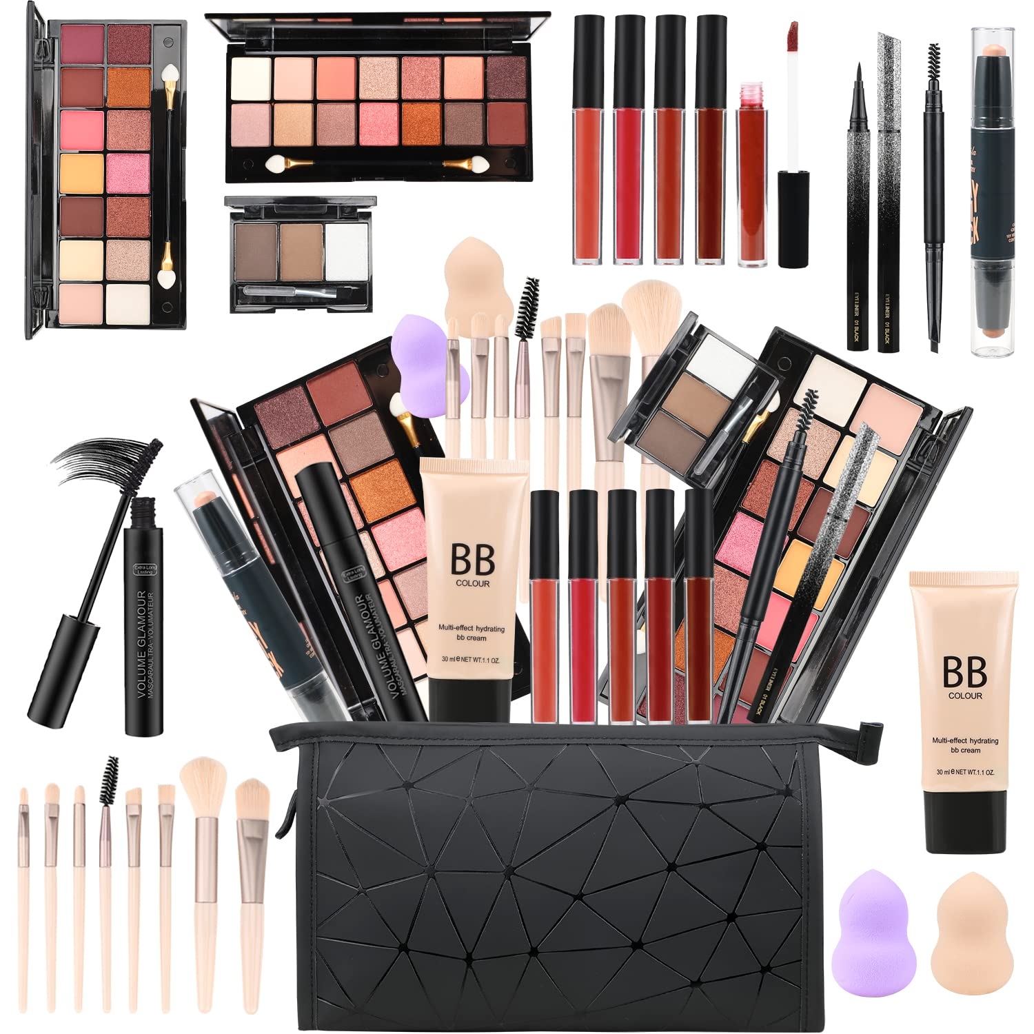 KARUIZI All in One Makeup Gift Set for Women Full Kit for2x14-color eyeshadow palettes,5xlipgloss sets,mascara,eyeliner,eyebrowpowder,eyebrow pencil, foundation, highlighter stick etc