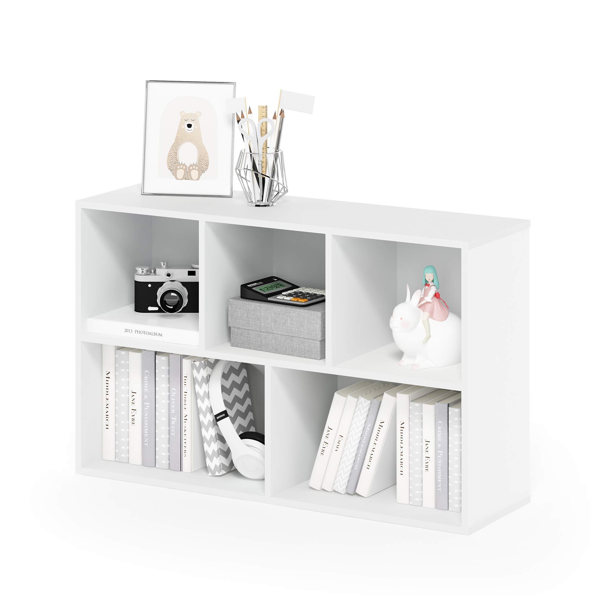 Furinno LUDER Book Shelf, 5-Cube Bookshelf, Reversible Bookcase, 9.4" x 19.5" x 31.5", for Living Room, Bedroom, Home Office, White