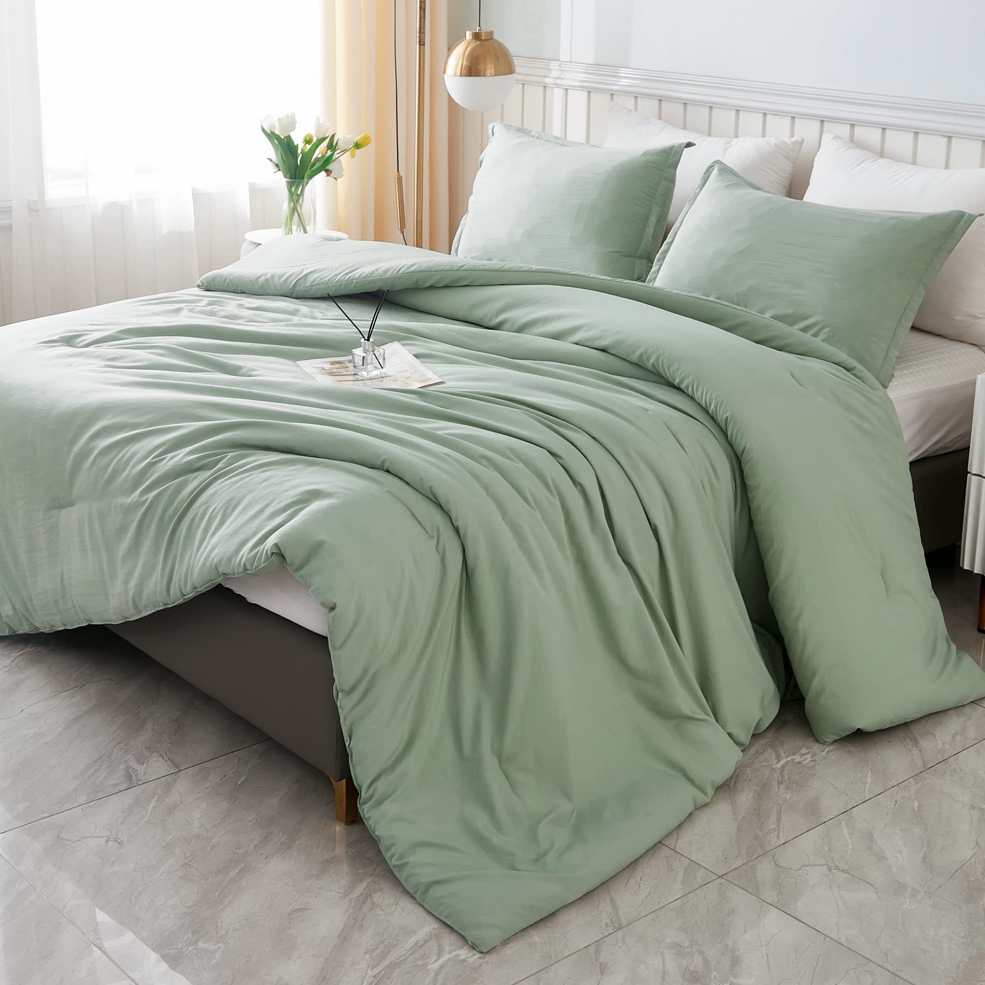 Litanika Queen Comforter Set Sage Green, 3 Pieces Lightweight Comforters Queen Size Solid Bedding Comforters Sets, Down Alternative Comforter Bed Set Quilt Blanket