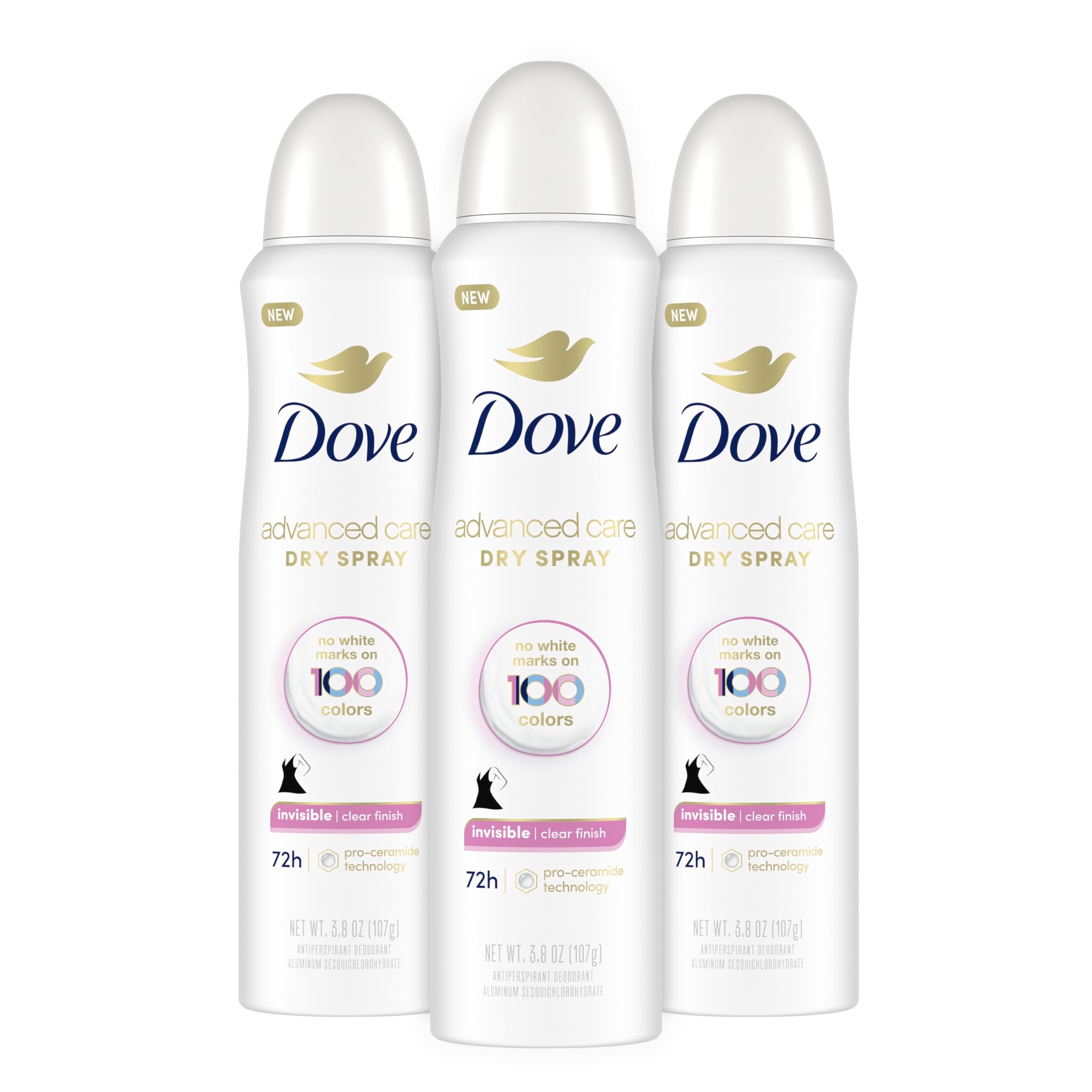 Dove Advanced Care Antiperspirant Deodorant Spray Clear Finish 3 Count Invisible antiperspirant deodorant tested on 100 colors 72-hour odor and sweat protection with Pro-Ceramide technology 3.8 oz