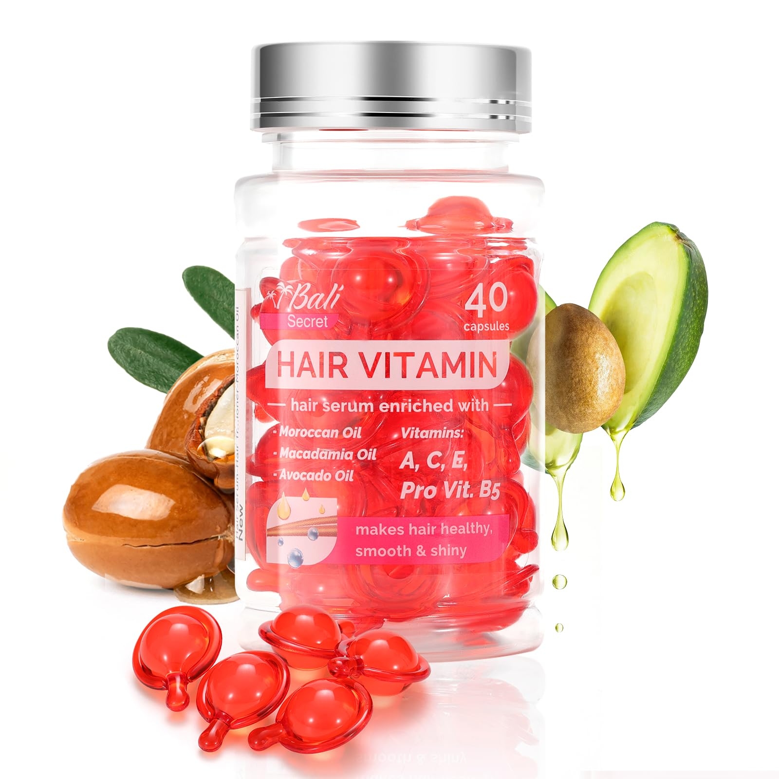 Hussell Hair Treatment Serum Bali Secret - 40 Hair Care Capsules - No Rinse - With Argan Macadamia & Avocado Oils - Vitamins A, E, & Pro B5 - Conditioner for Women & Men
