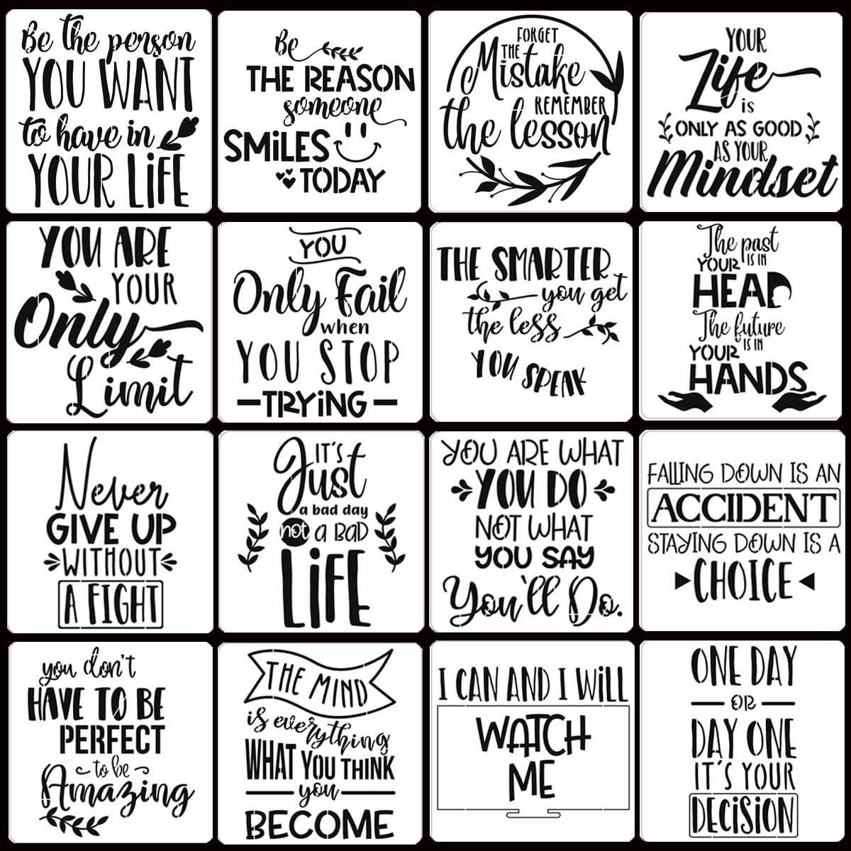 16 Pcs Inspirational Word Stencils, Quote & Phrase Sayings Templates, Craft Stencils for Painting on Wood, Wall, Canvas, Fabrics, Paper & Home Signs - Reusable 7.87 x 7.87 Inches