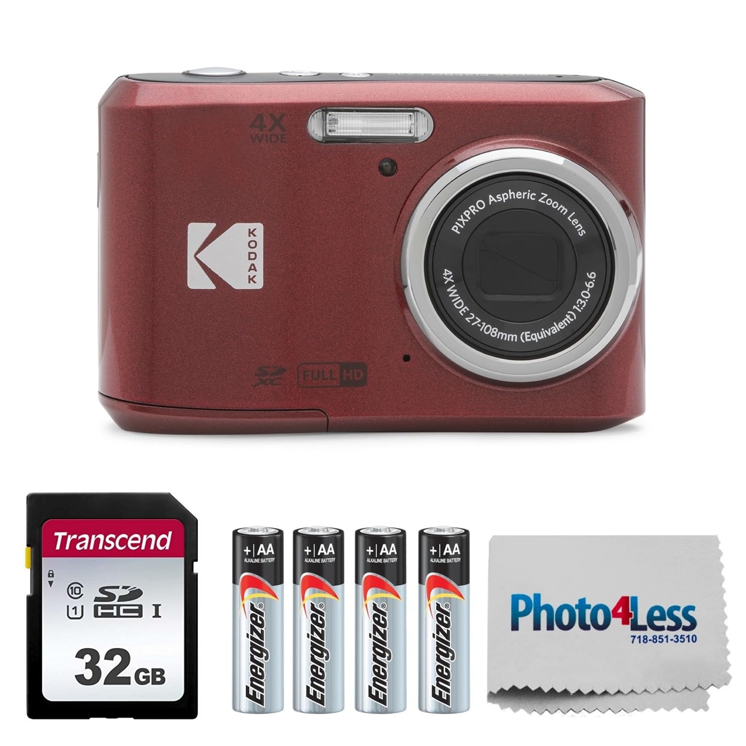 KODAK PIXPRO FZ45 16MP Digital Camera with 4X Optical Zoom 27mm Wide Angle and 2.7" LCD Screen Bundle with 32GB SD Memory Card, AA Batteries (4 Pack), Lens Cleaning Cloth (Red)