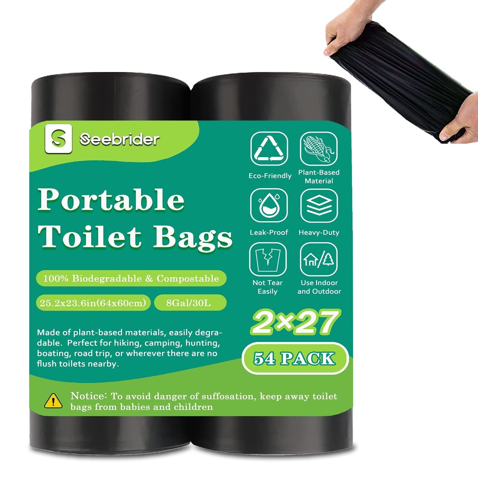SEEBRIDER 108 Portable Toilet Bags, Biodegradable Camping Toilet Bags 8 Gallon Thickened Portable Potty Bags for 5 Gallon Bucket Toilet Compostable Bags for Adults Outdoor Travel