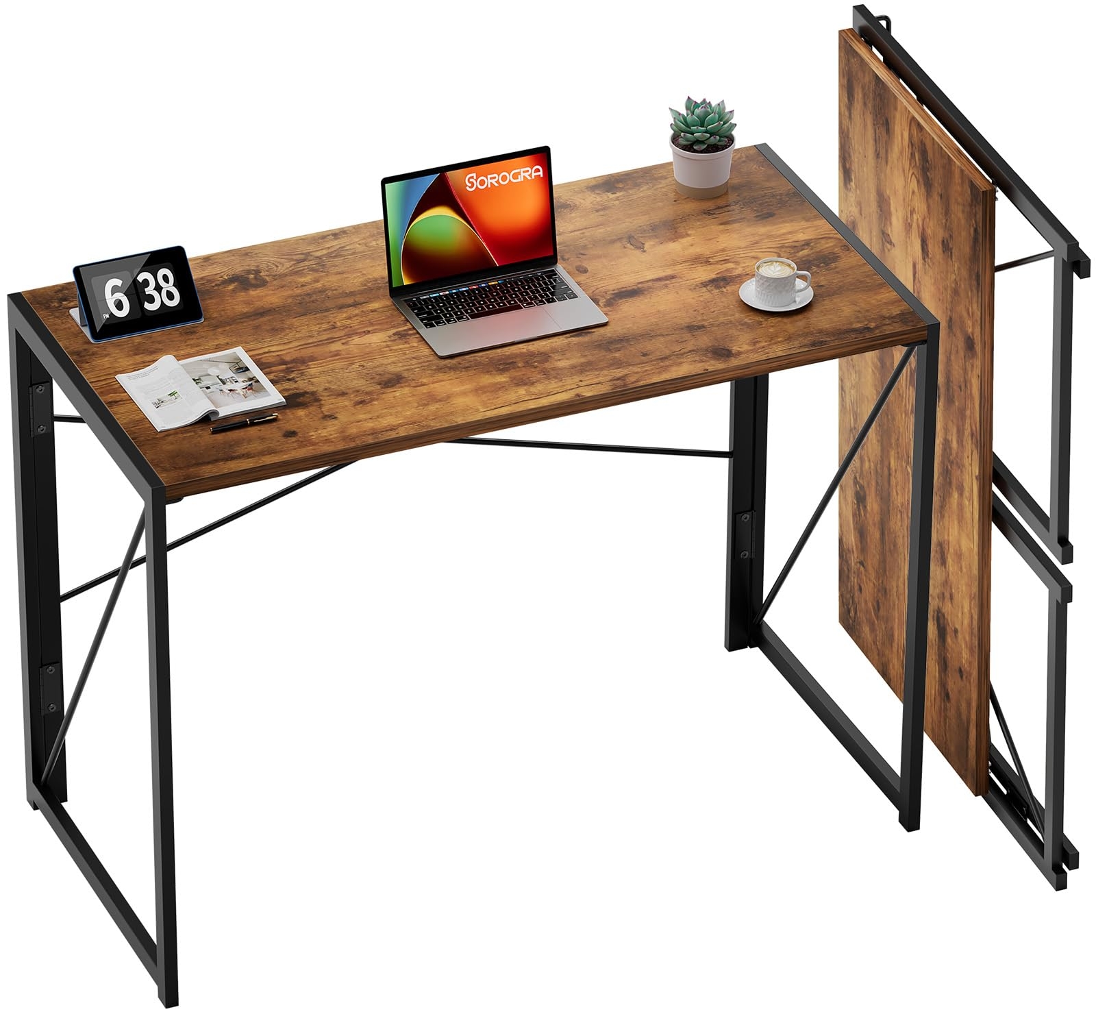 Coavas Small Folding Desk, No Assembly Required Computer Desks, 39.4 inch Spaces Saving Foldable Table for Bedroom, Home Office, Dorm, Apartment, Slippy Vintage Brown