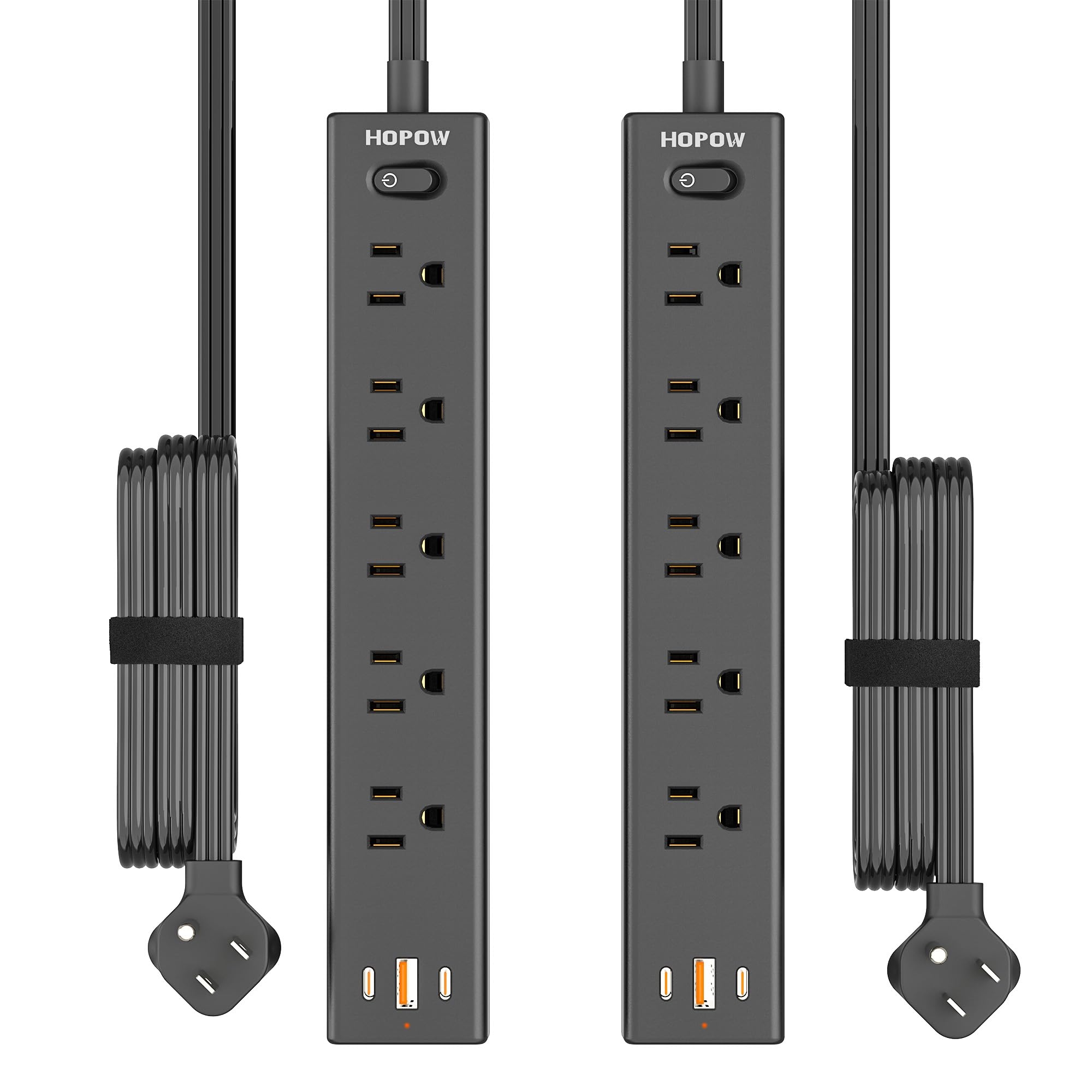 HOPOW Power Strip Surge Protector, 2 Pack, 10 Ft Ultra Thin Flat Extension Cord, Surge Protector with 5 Outlets & 3 USB Ports (2 USB C), 1700 Joules, 3-Prong, Wall Mount for Home Office Dorm, Black